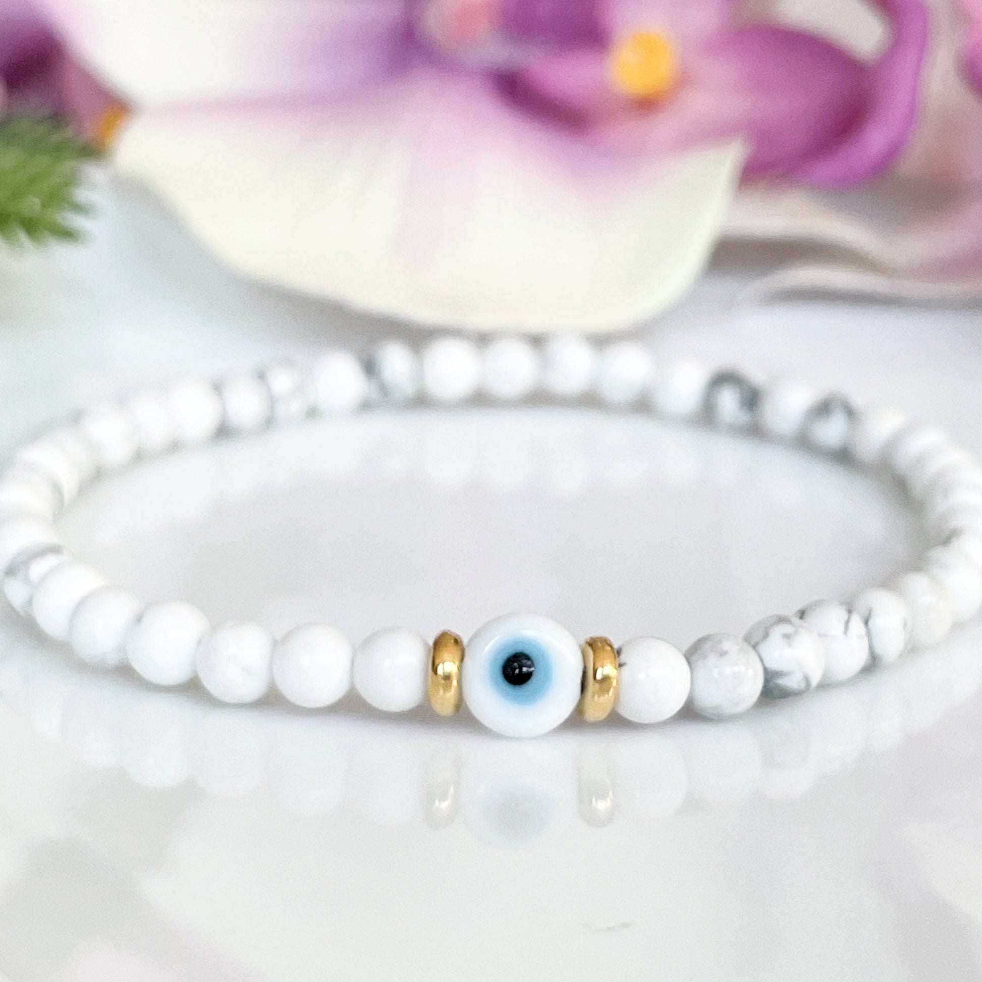 Small White Beaded Evil Eye Bracelet with Gold Accents