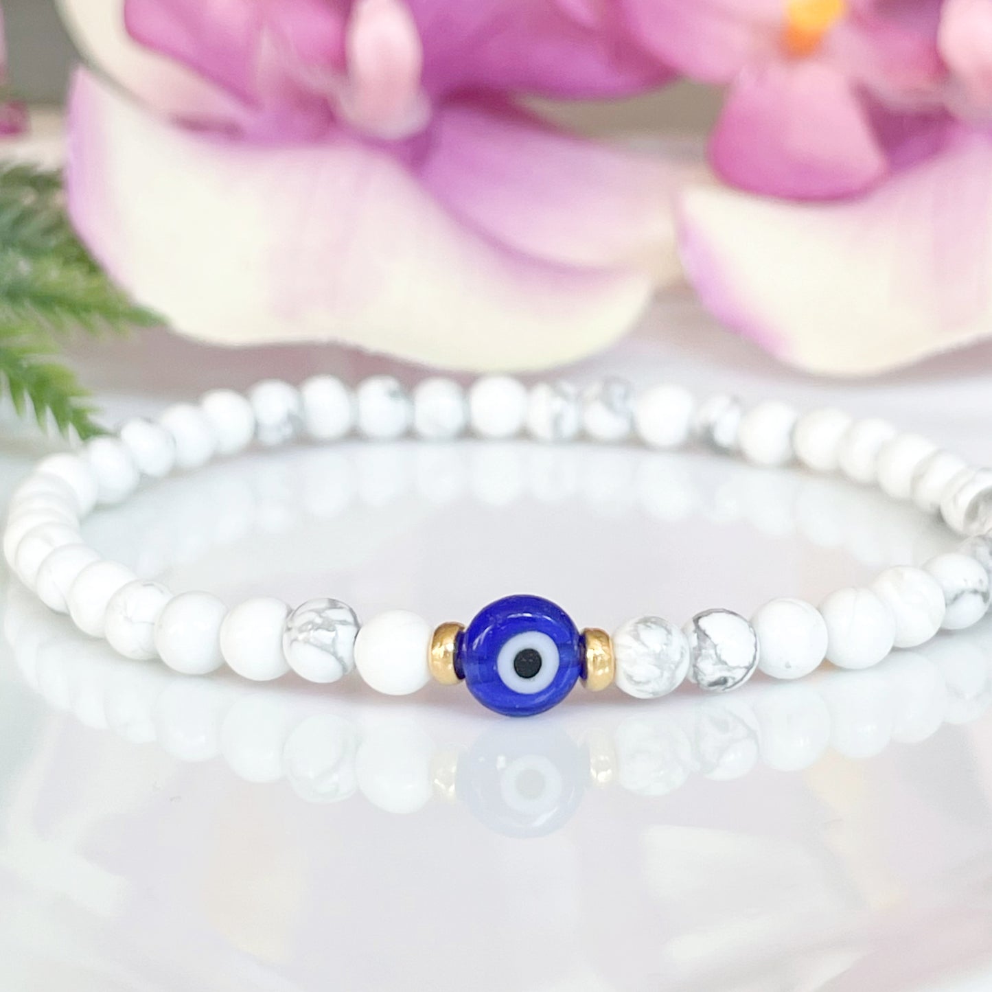 Small White Beaded Evil Eye Bracelet with Gold Accents