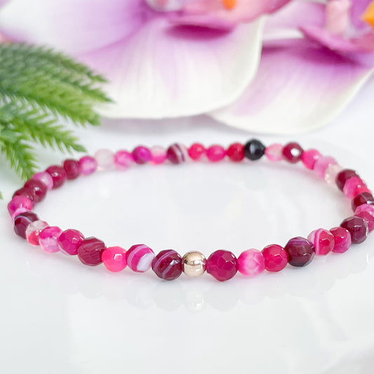 4mm Dainty Pink Agate Beaded Bracelet for Women