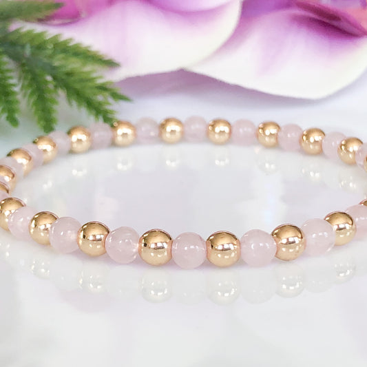 4mm Rose Quartz and Gold Ball Bracelet