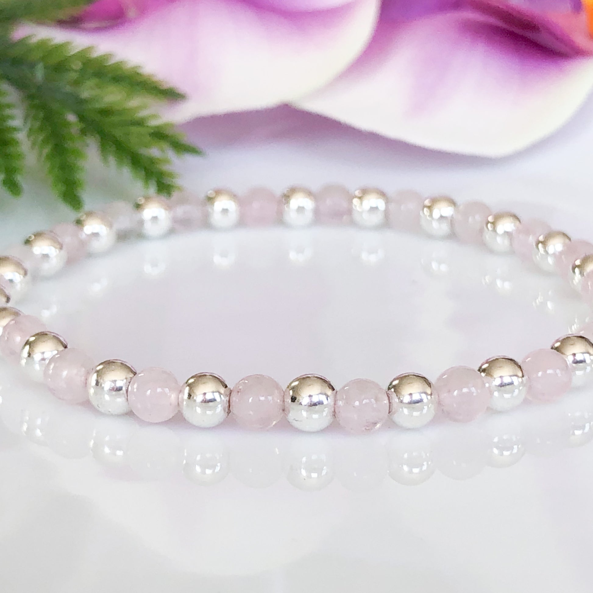 4mm Rose Quartz and Silver Ball Bracelet