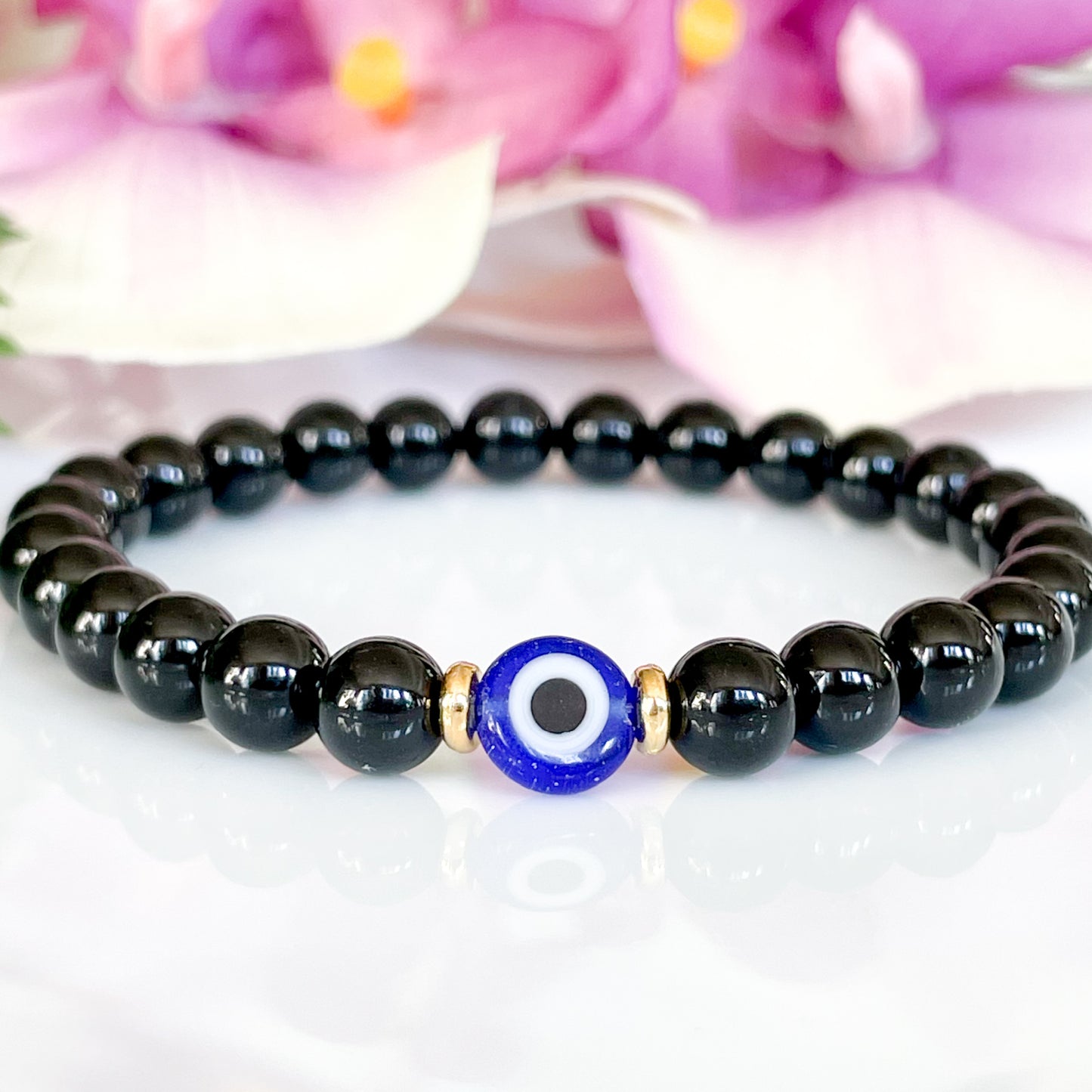 6mm Black Tourmaline Evil Eye Bracelet