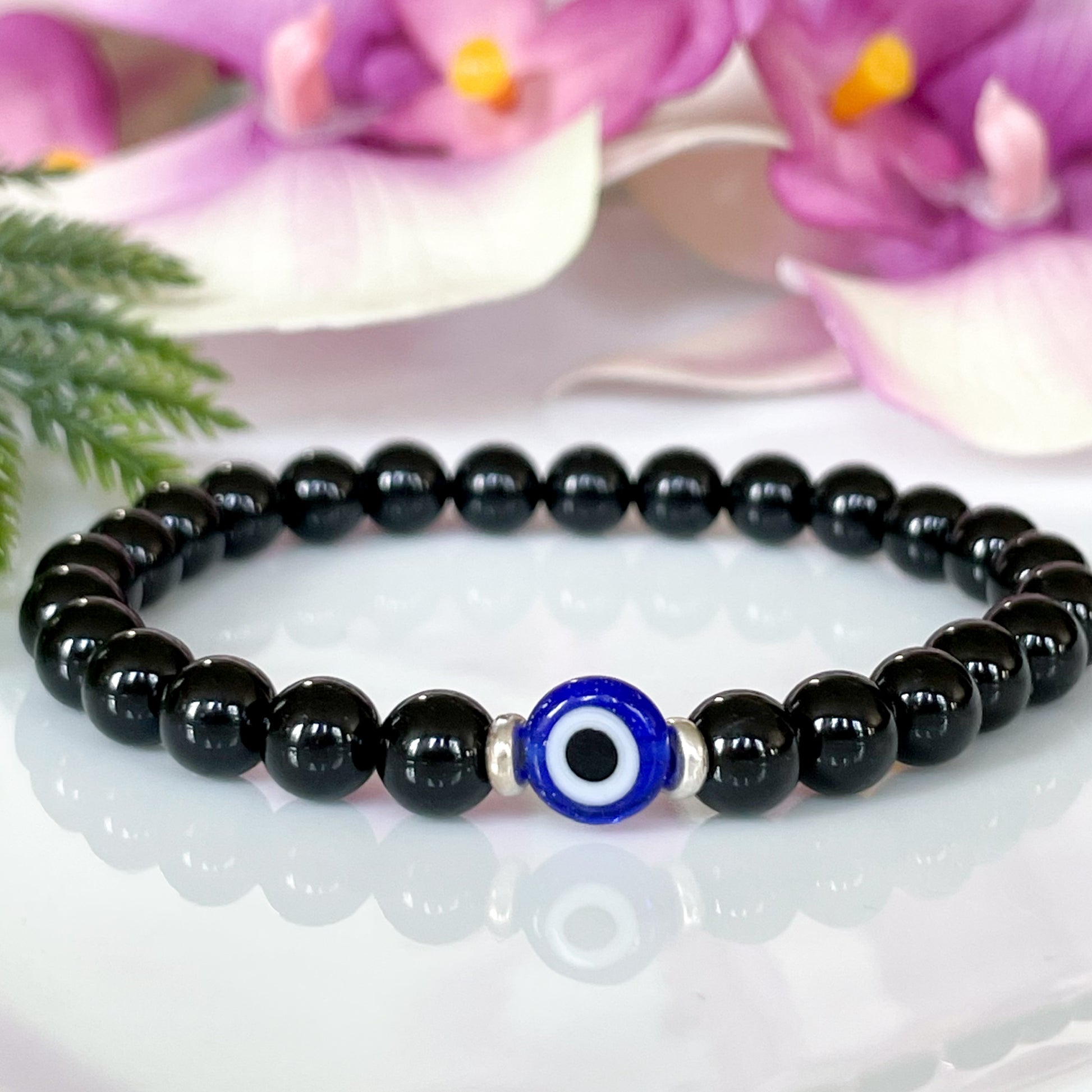 6mm Black Tourmaline and Silver Evil Eye Bracelet