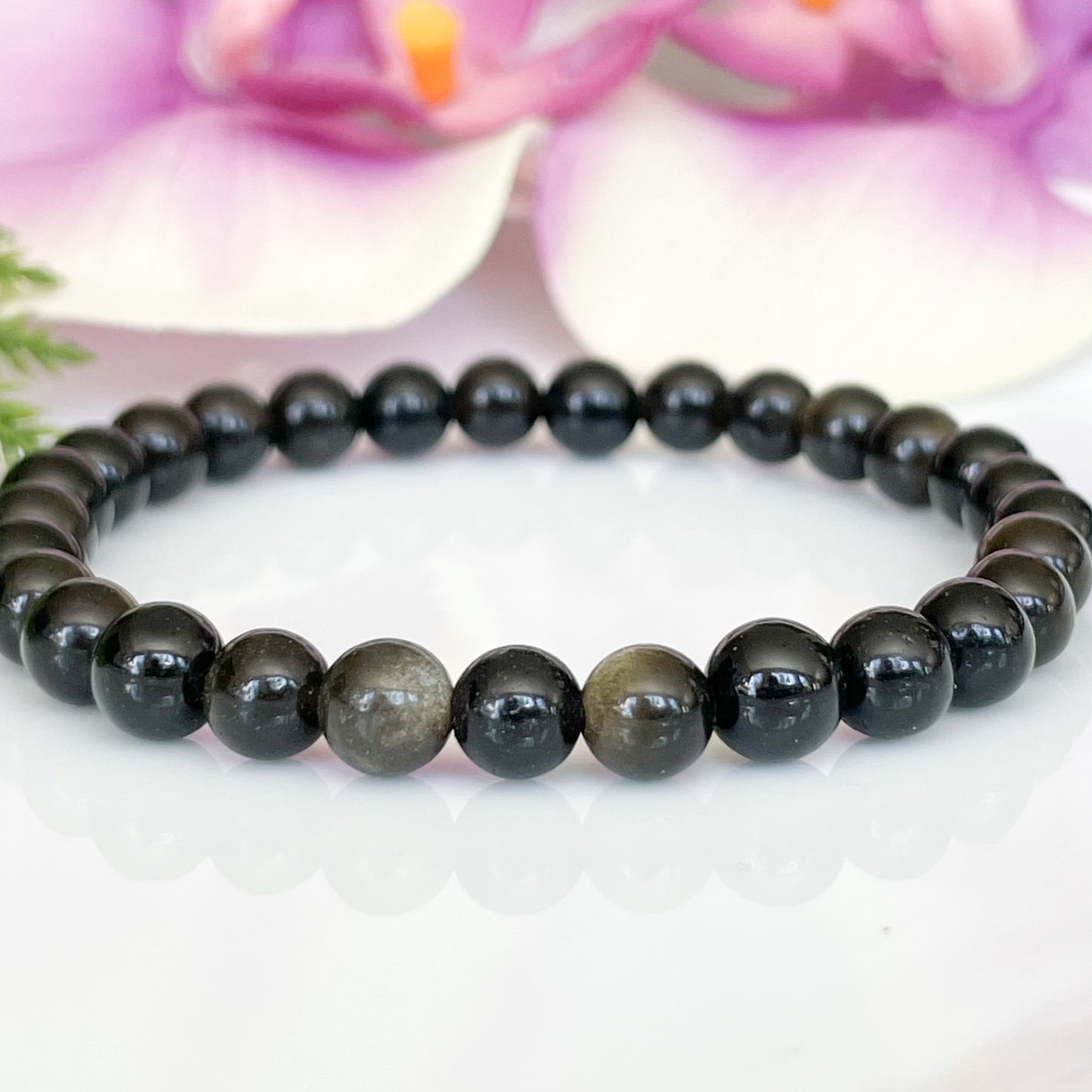 6mm Real Black Obsidian Bracelet with Golden Sheen