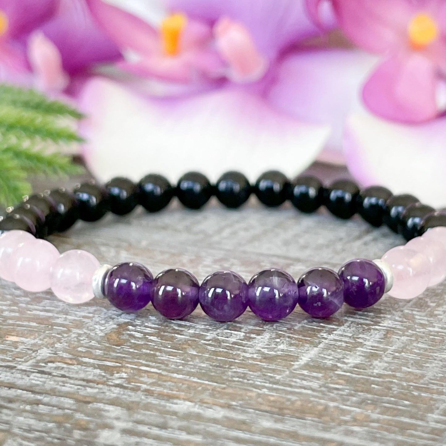 6mm Amethyst, Black Tourmaline and Rose Quartz Crystal Bracelet