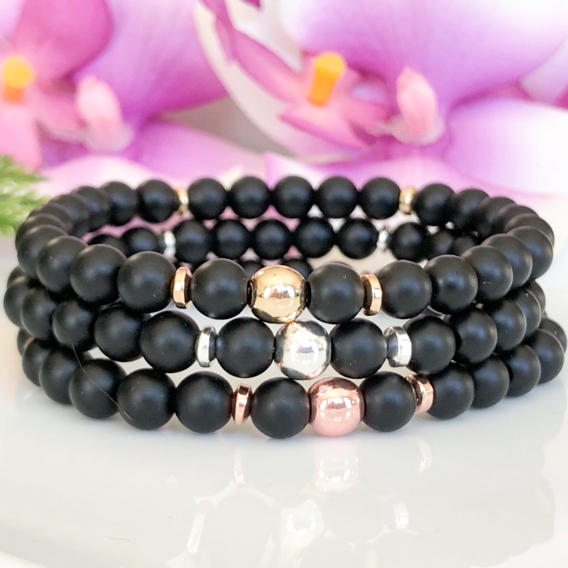 Small Black Onyx Beaded Bracelet for Women