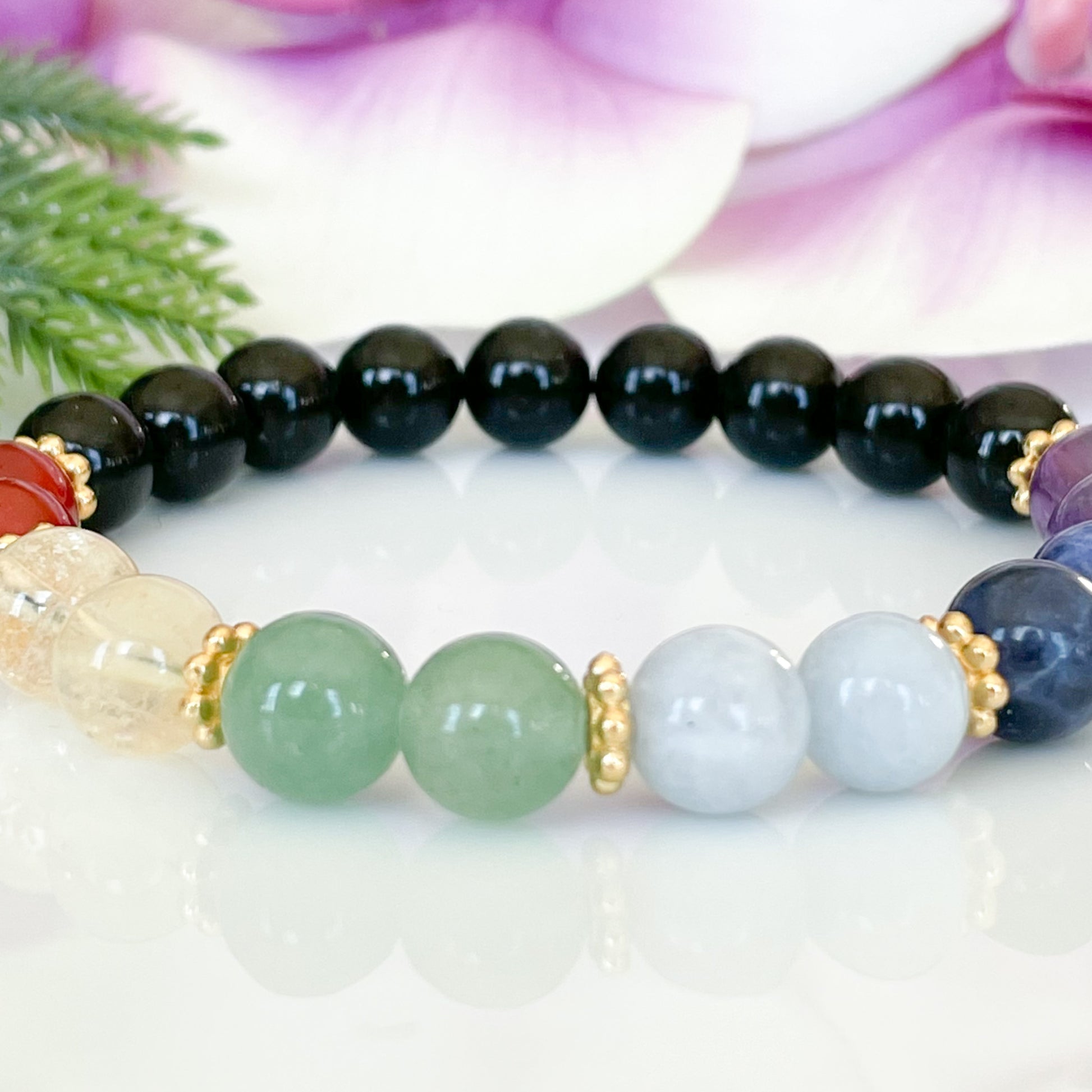 Genuine 7 Chakra Healing Crystals Bracelet with Black Tourmaline