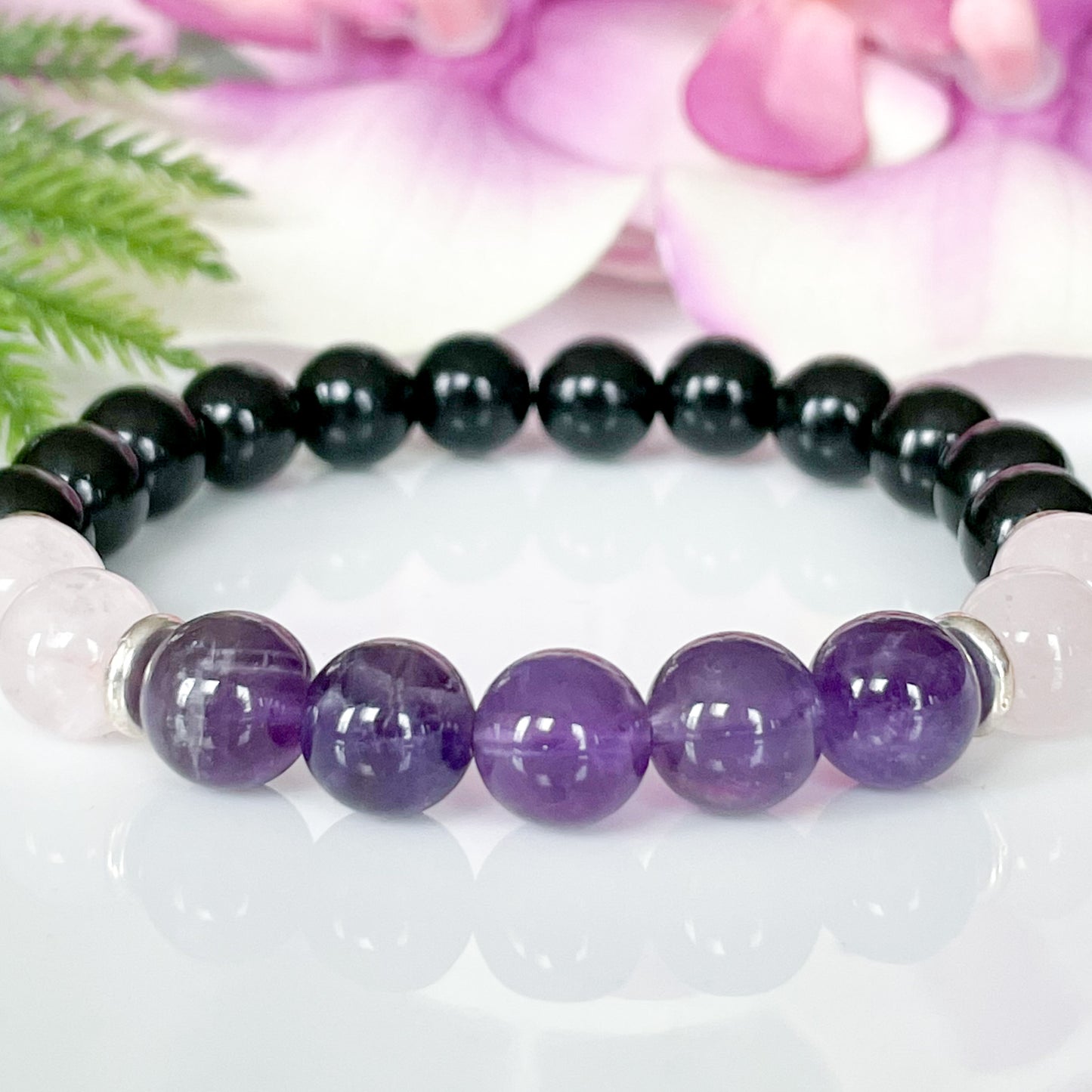 Amethyst, Black Tourmaline and Rose Quartz Crystal Bracelet