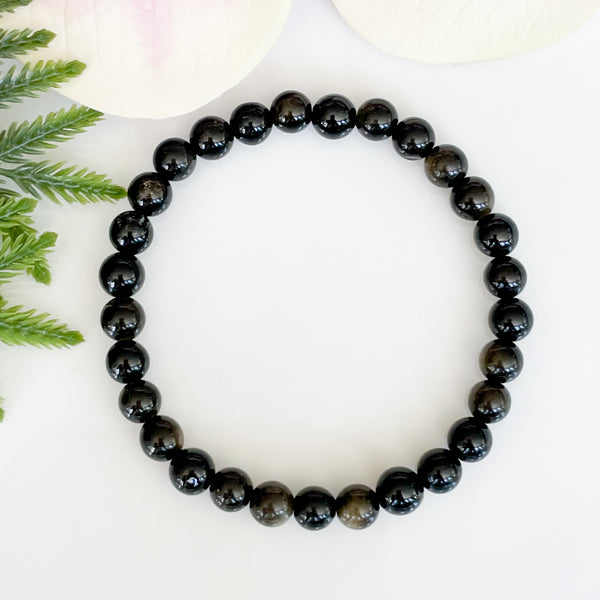 6mm Real Black Obsidian Bracelet with Golden Sheen