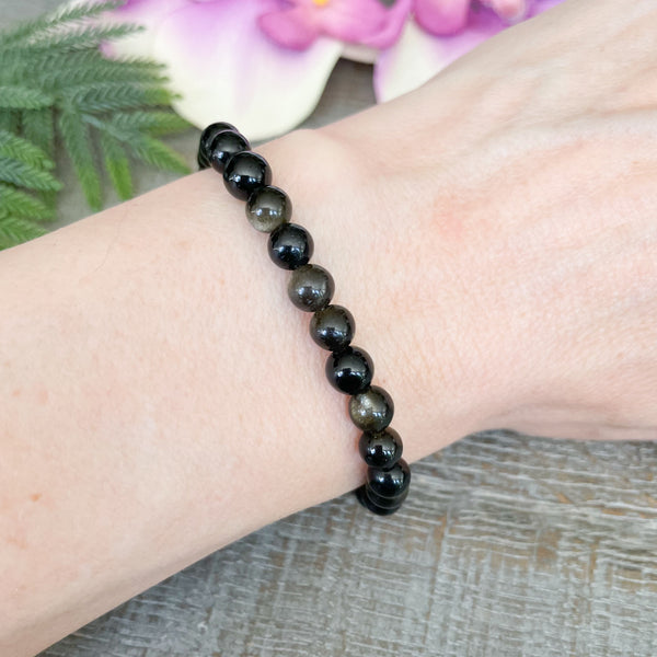 6mm Real Black Obsidian Bracelet with Golden Sheen