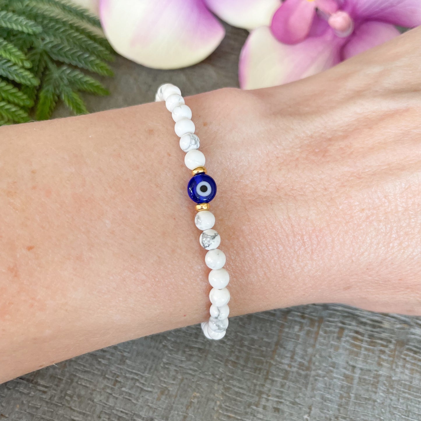 Small White Beaded Evil Eye Bracelet with Gold Accents