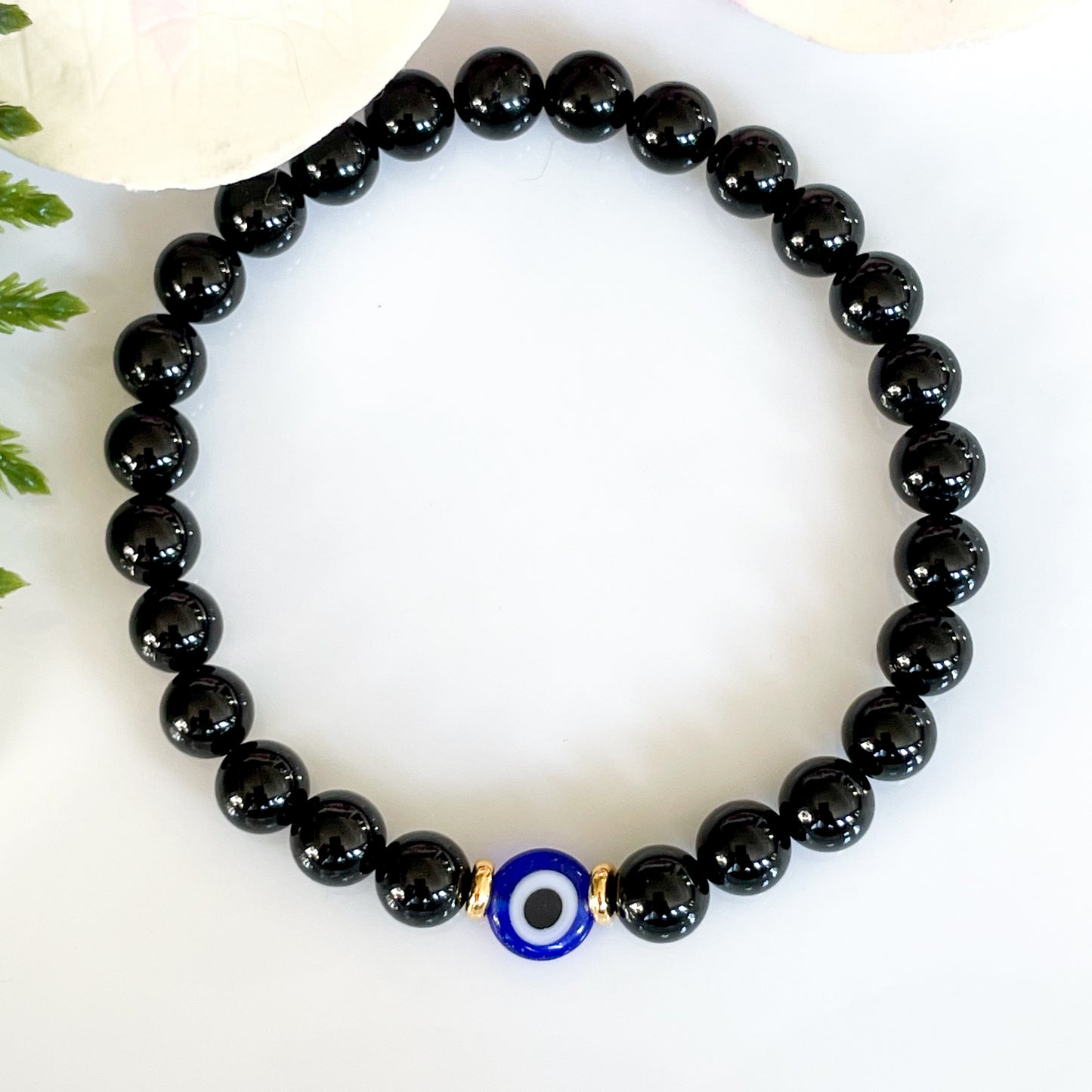 6mm Black Tourmaline Evil Eye Bracelet