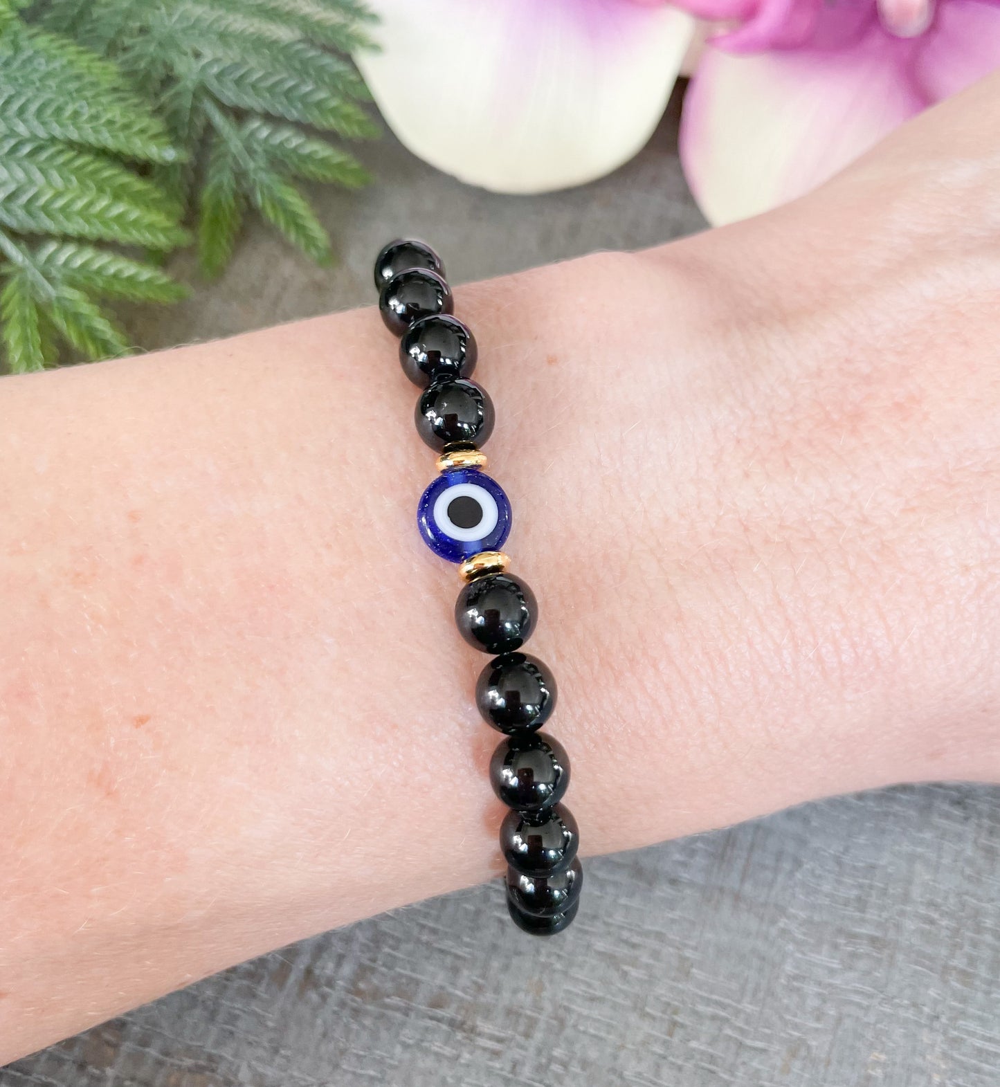 6mm Black Tourmaline Evil Eye Bracelet