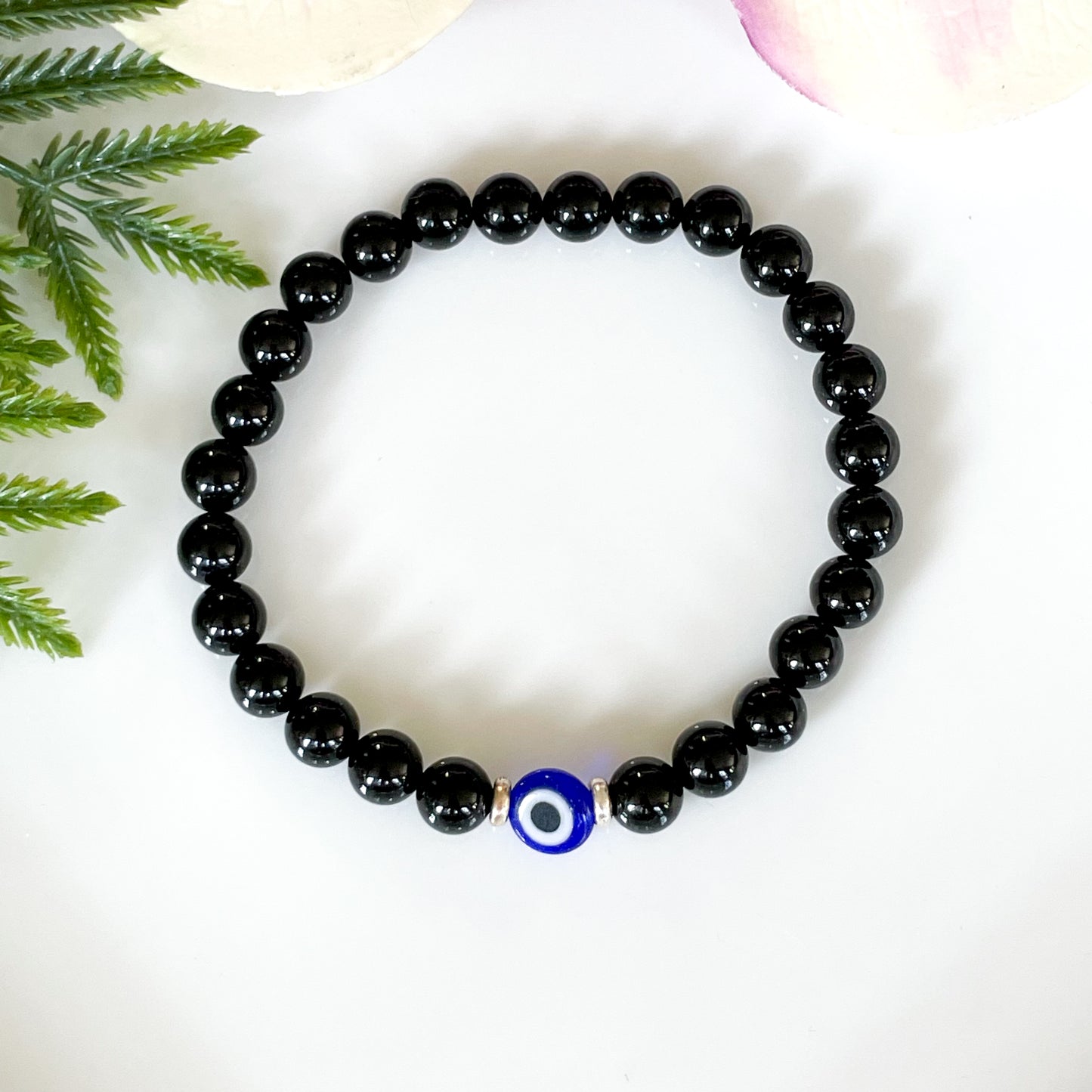 6mm Black Tourmaline and Silver Evil Eye Bracelet