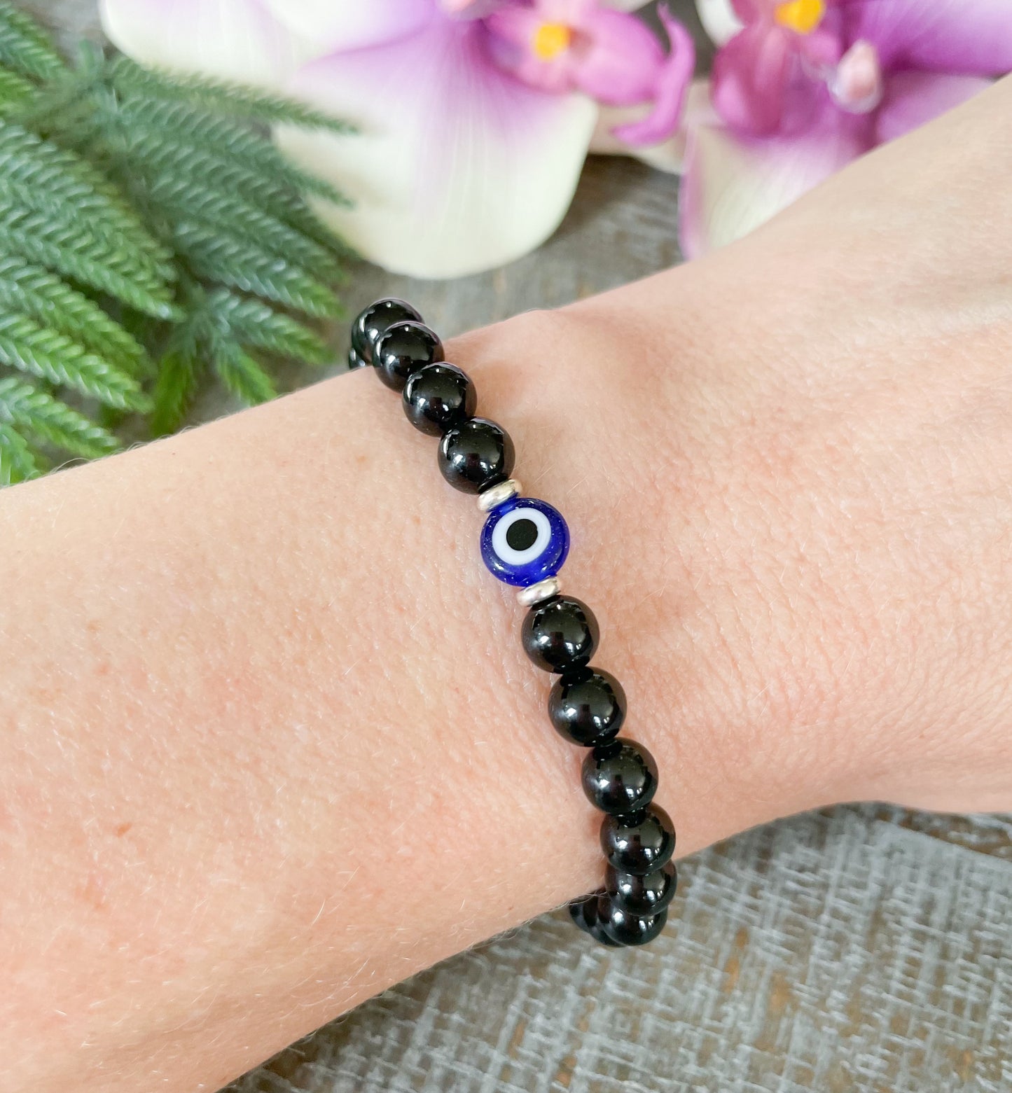 6mm Black Tourmaline and Silver Evil Eye Bracelet