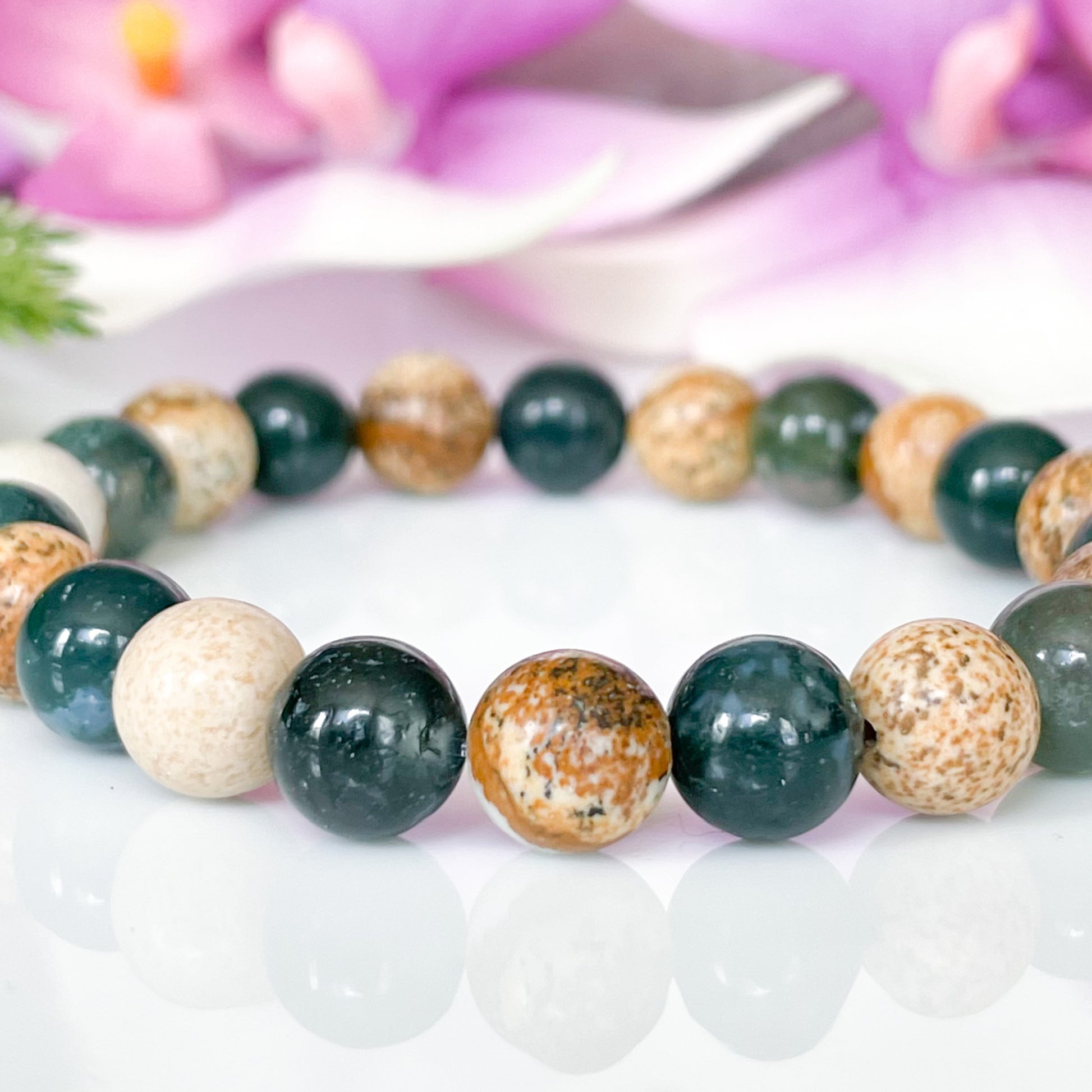 Moss Agate and Jasper Beaded Bracelet