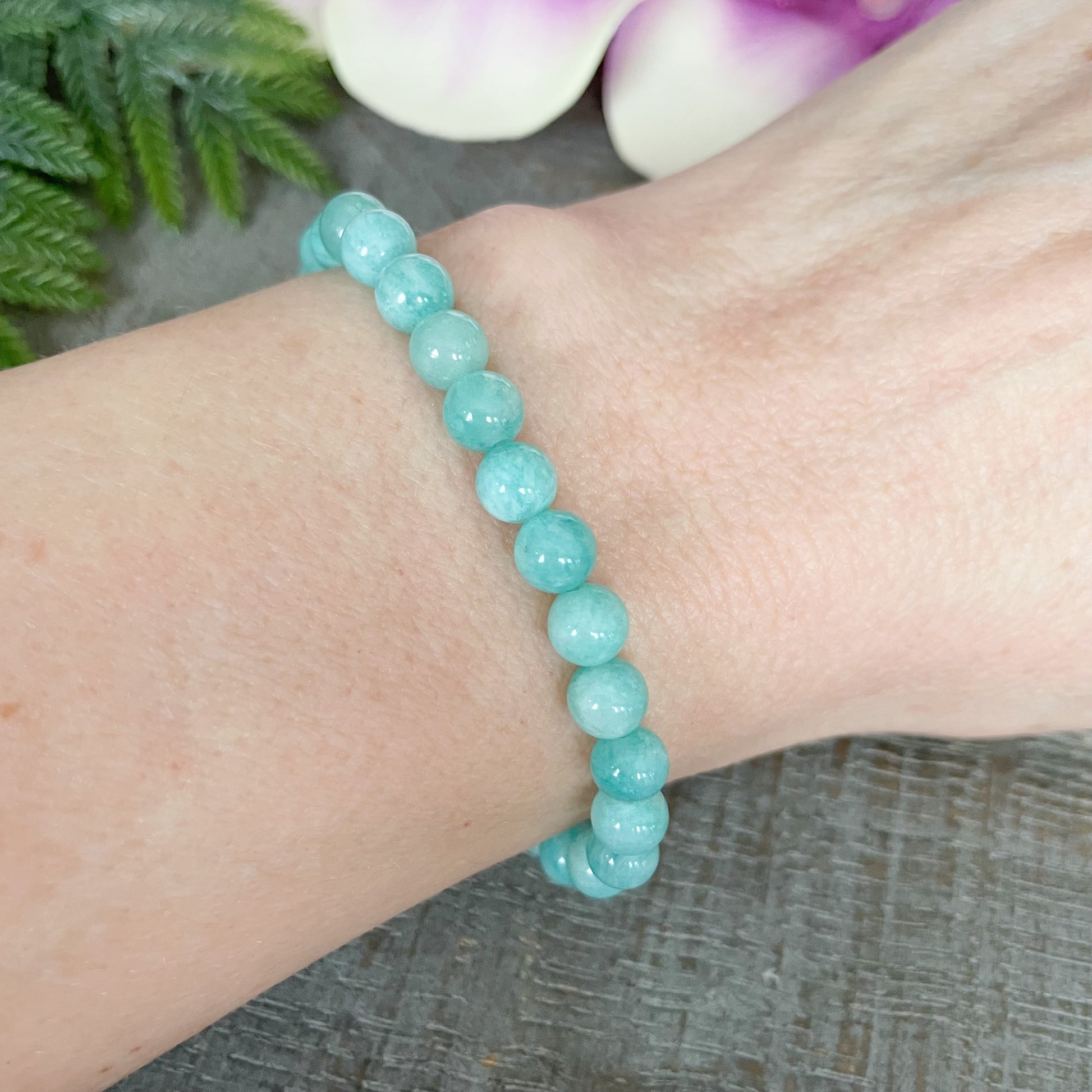 6mm amazonite bracelet shown on wrist