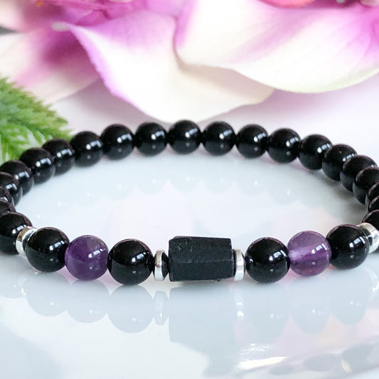 6mm Black Tourmaline and Amethyst Crystal Bracelet