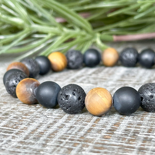 Tigers Eye, Black Onyx and Lava Bead Bracelet for Men