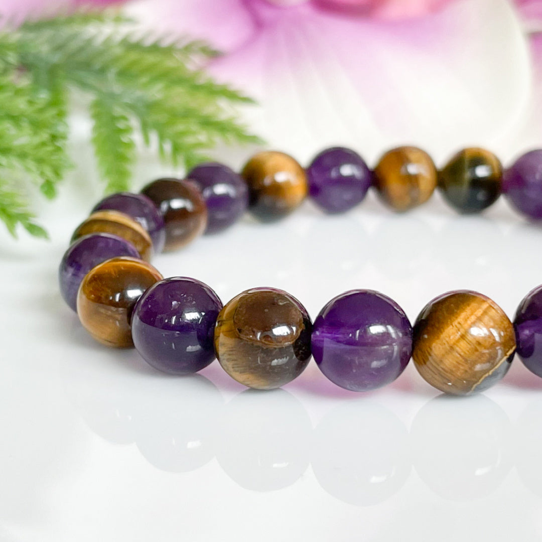 8mm Amethyst and Tigers Eye Crystal Bracelet