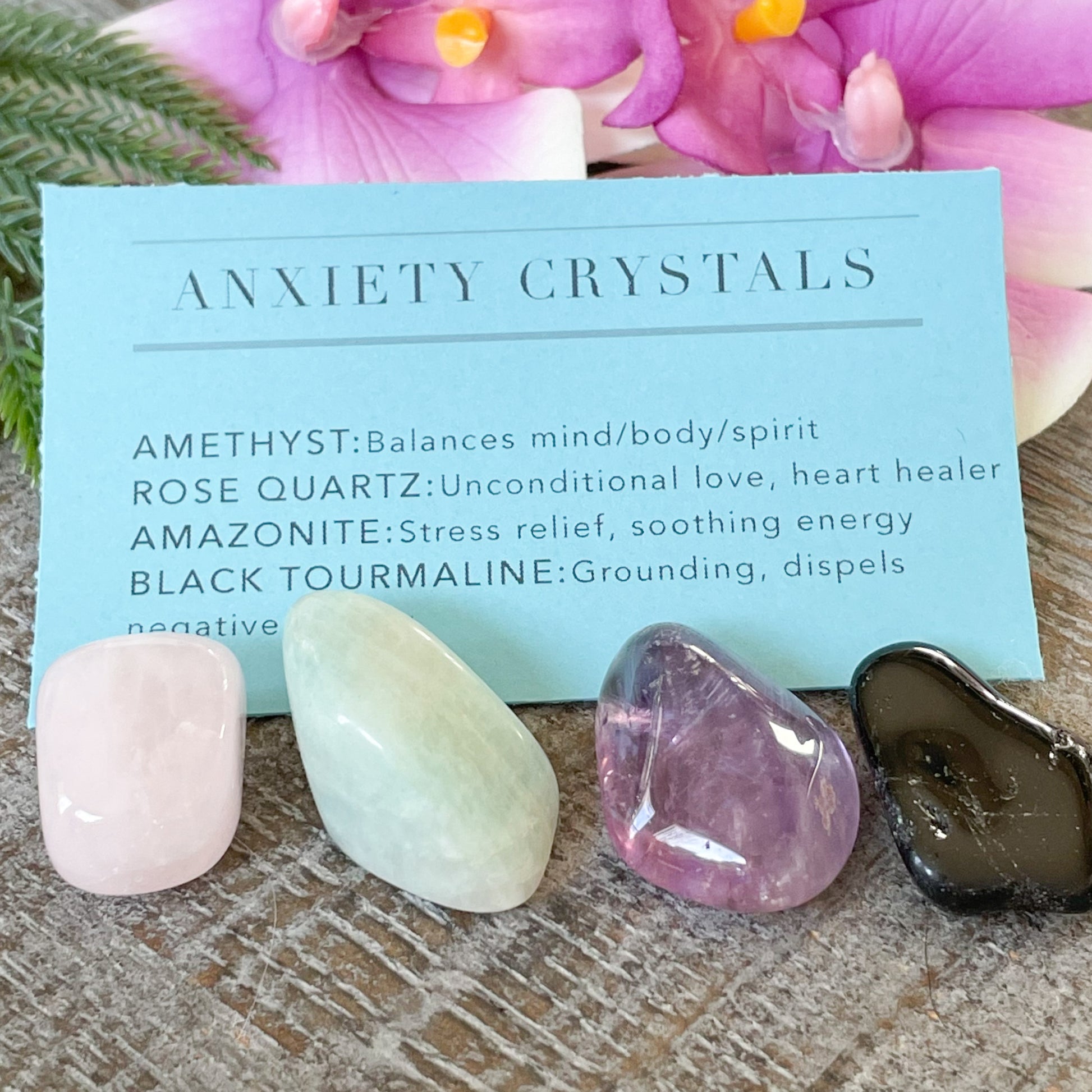 Crystal set for anxiety including rose quartz, amazonite, amethyst and black tourmaline