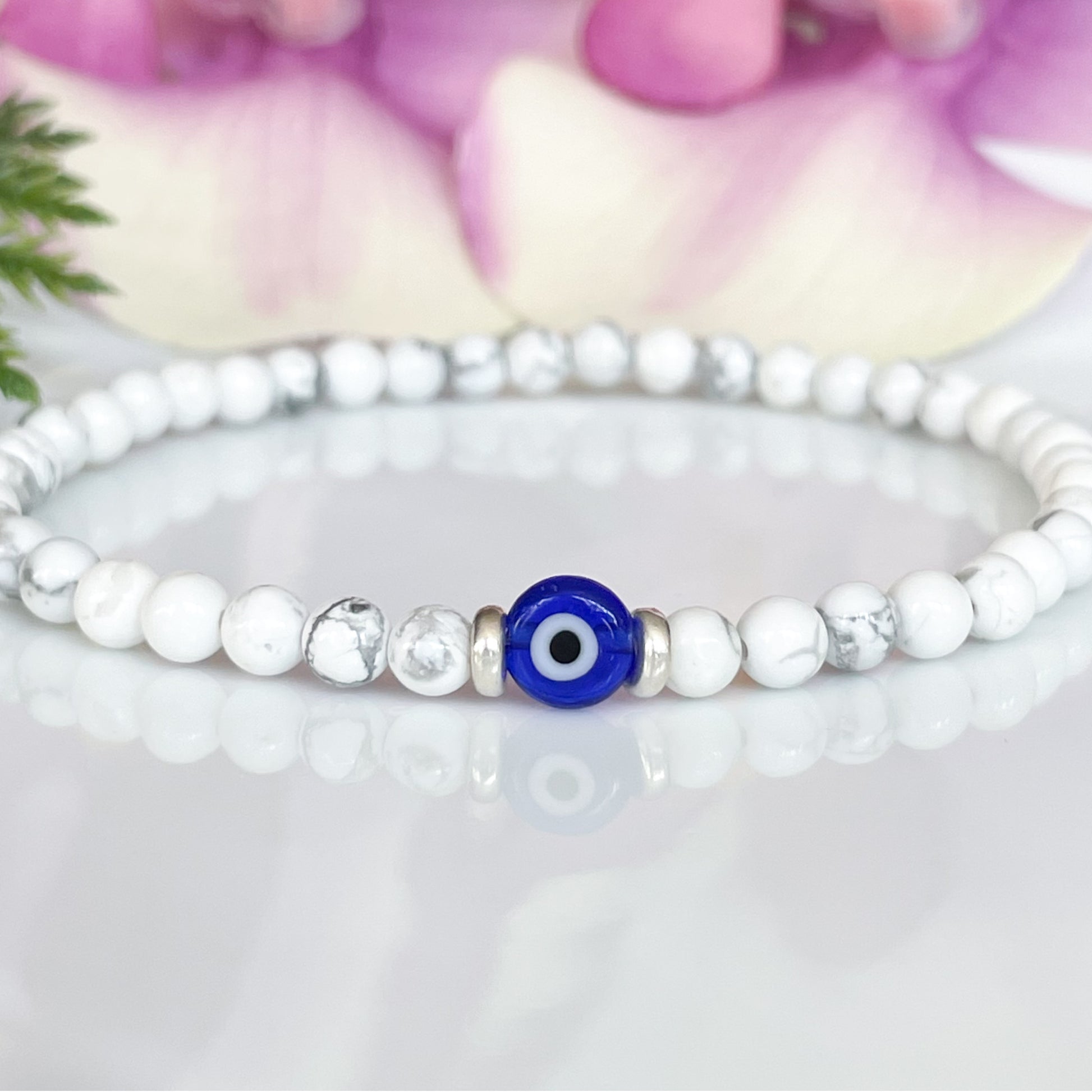 Small White Beaded Evil Eye Bracelet with Silver Accents