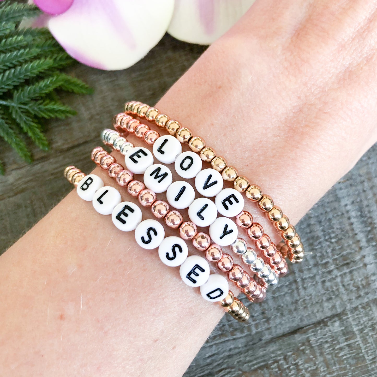 custom name bracelet with gold, silver, or rose gold beads