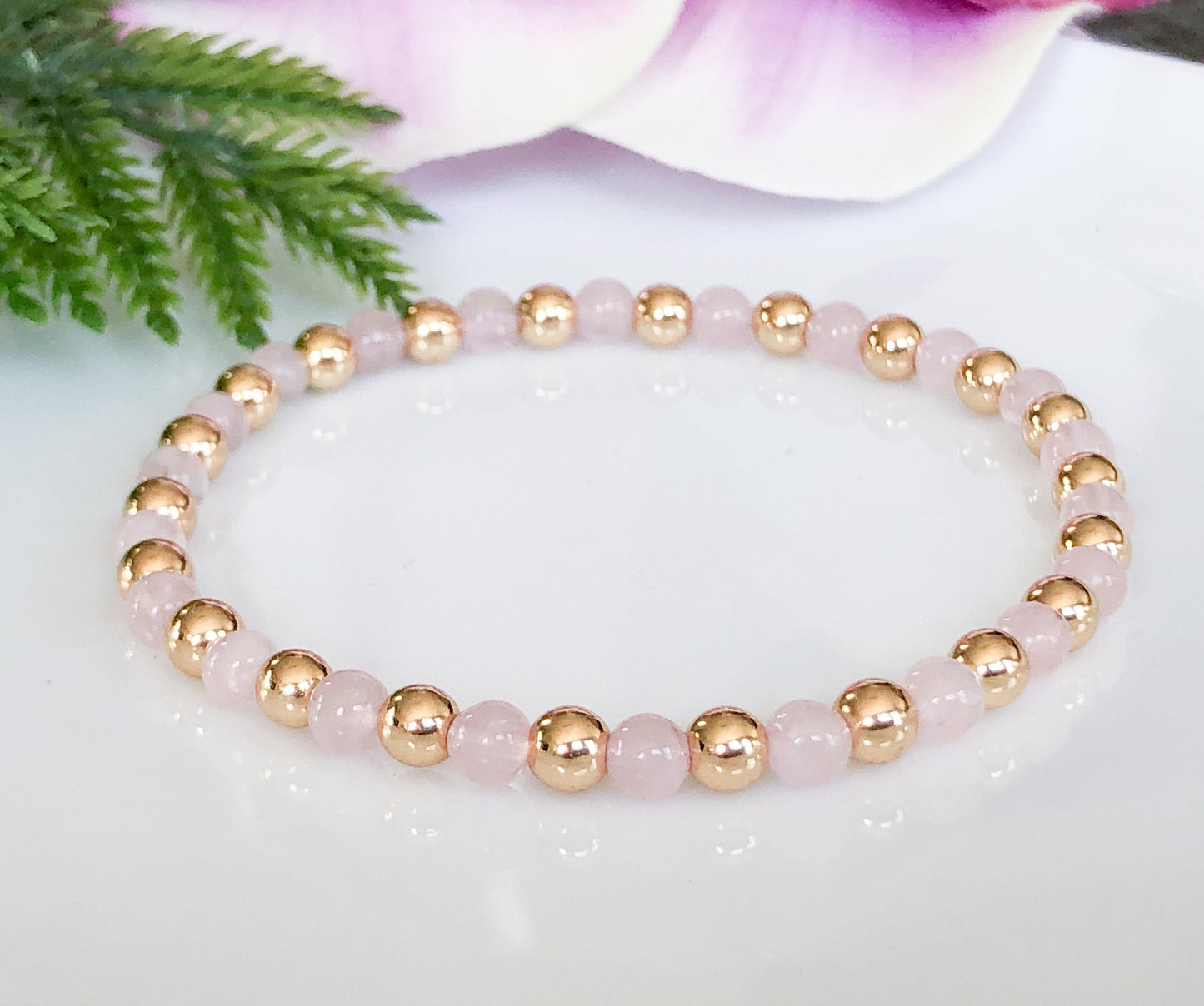 4mm Rose Quartz and Gold Ball Bracelet