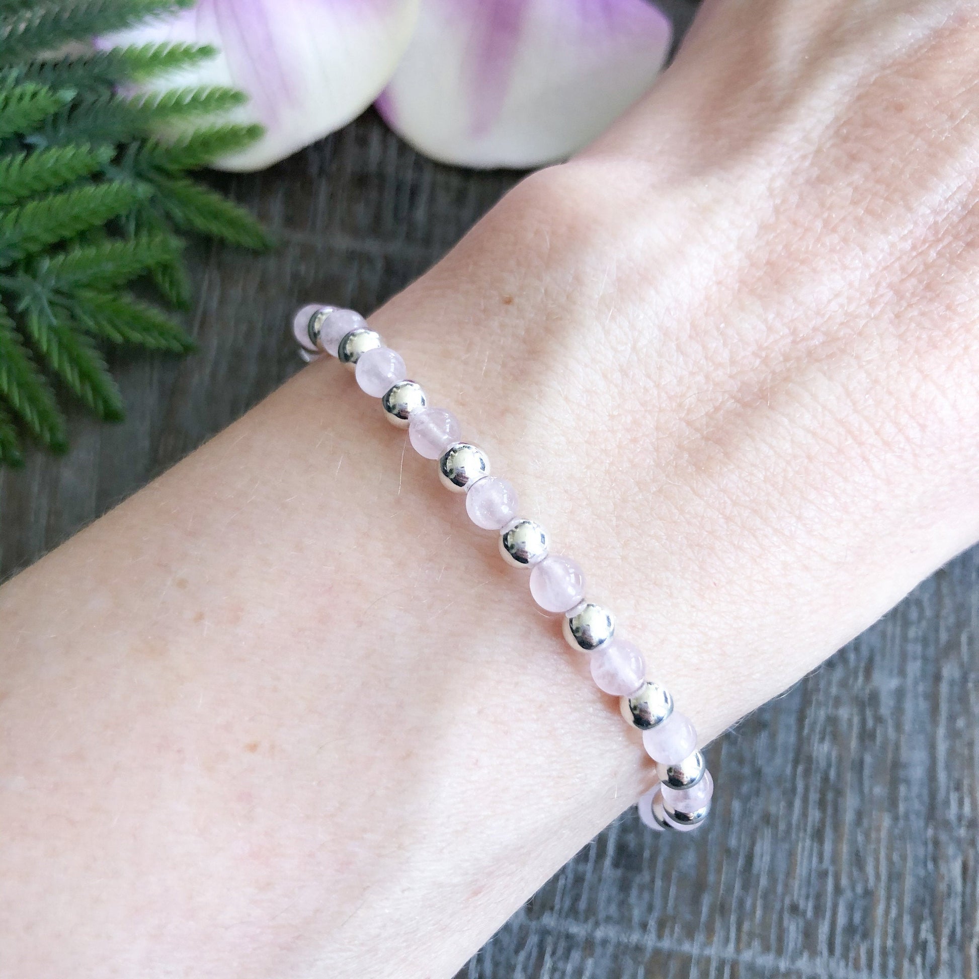 4mm Rose Quartz and Silver Ball Bracelet