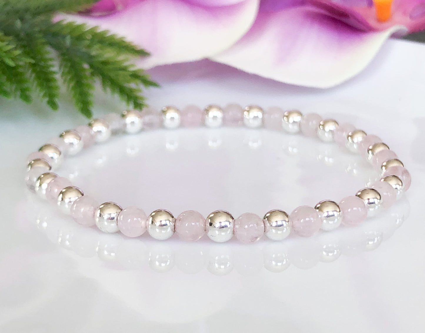 4mm Rose Quartz and Silver Ball Bracelet