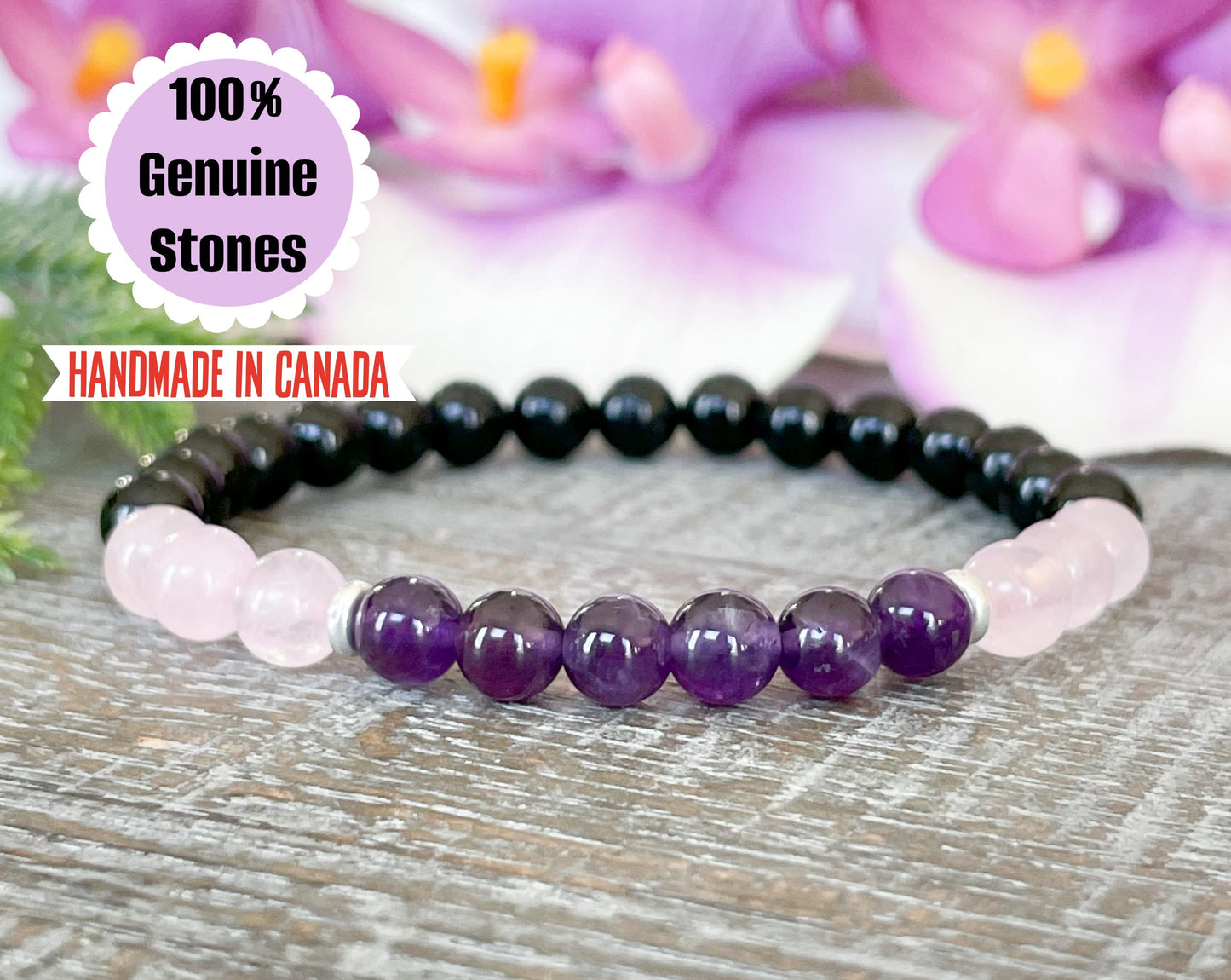 6mm Amethyst, Black Tourmaline and Rose Quartz Crystal Bracelet