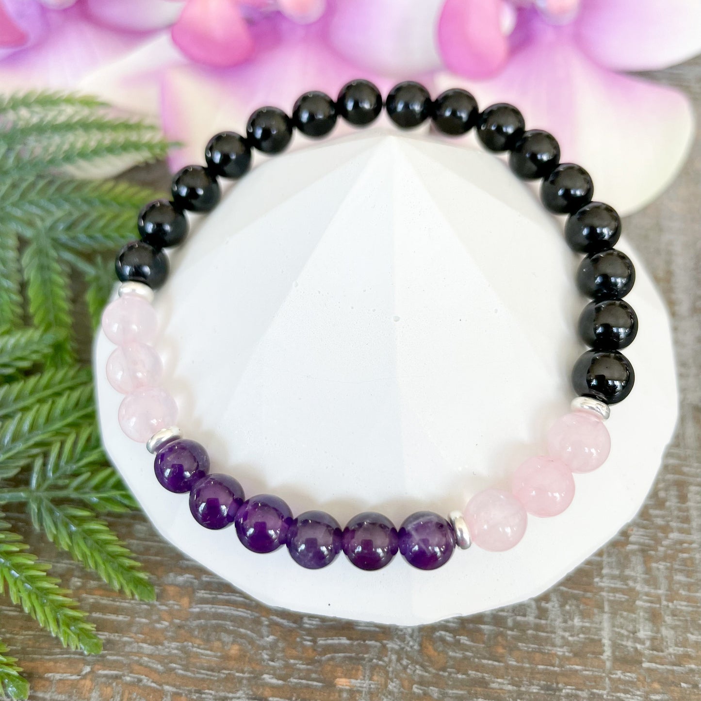 6mm Amethyst, Black Tourmaline and Rose Quartz Crystal Bracelet