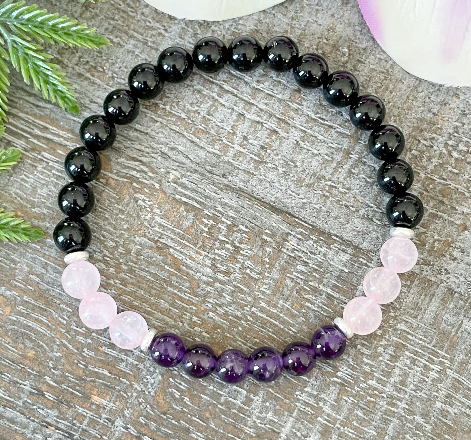 6mm Amethyst, Black Tourmaline and Rose Quartz Crystal Bracelet