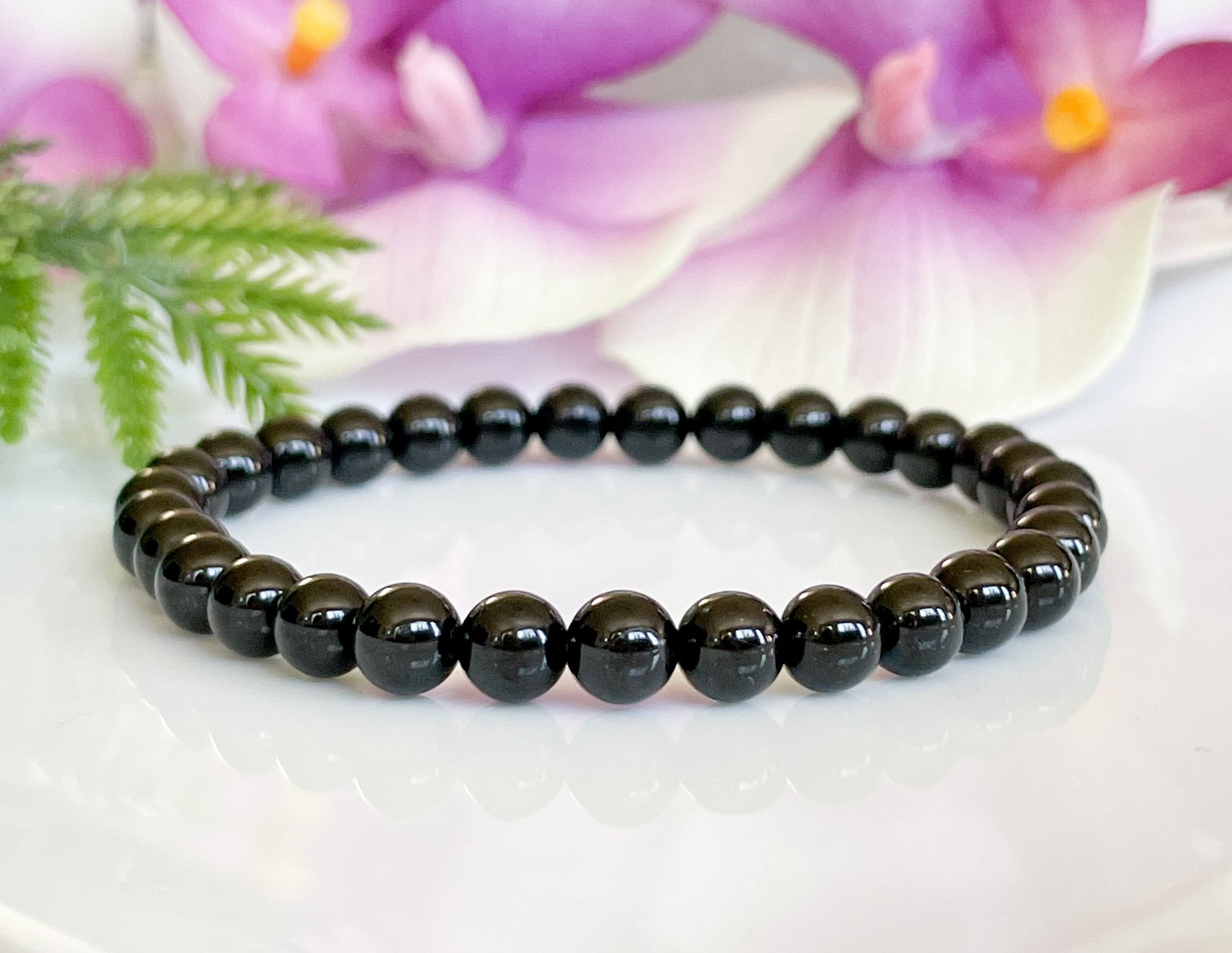 6mm Black Tourmaline Beaded Crystal Bracelet