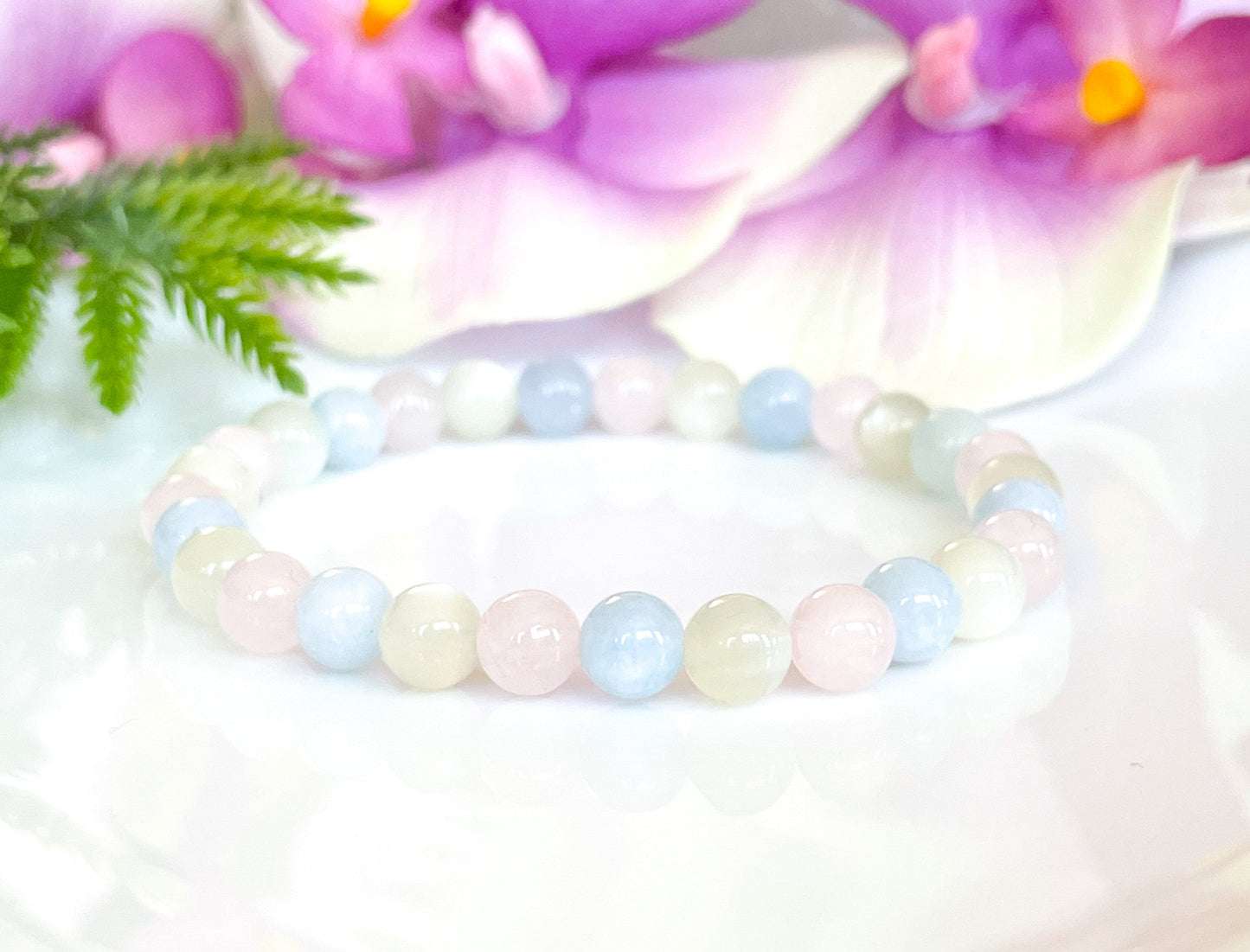 6mm Fertility Bracelet for Women with Rose Quartz, Aquamarine, and Moonstone