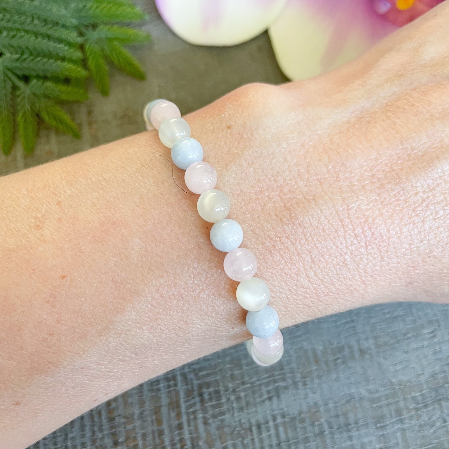 6mm Fertility Bracelet for Women with Rose Quartz, Aquamarine, and Moonstone