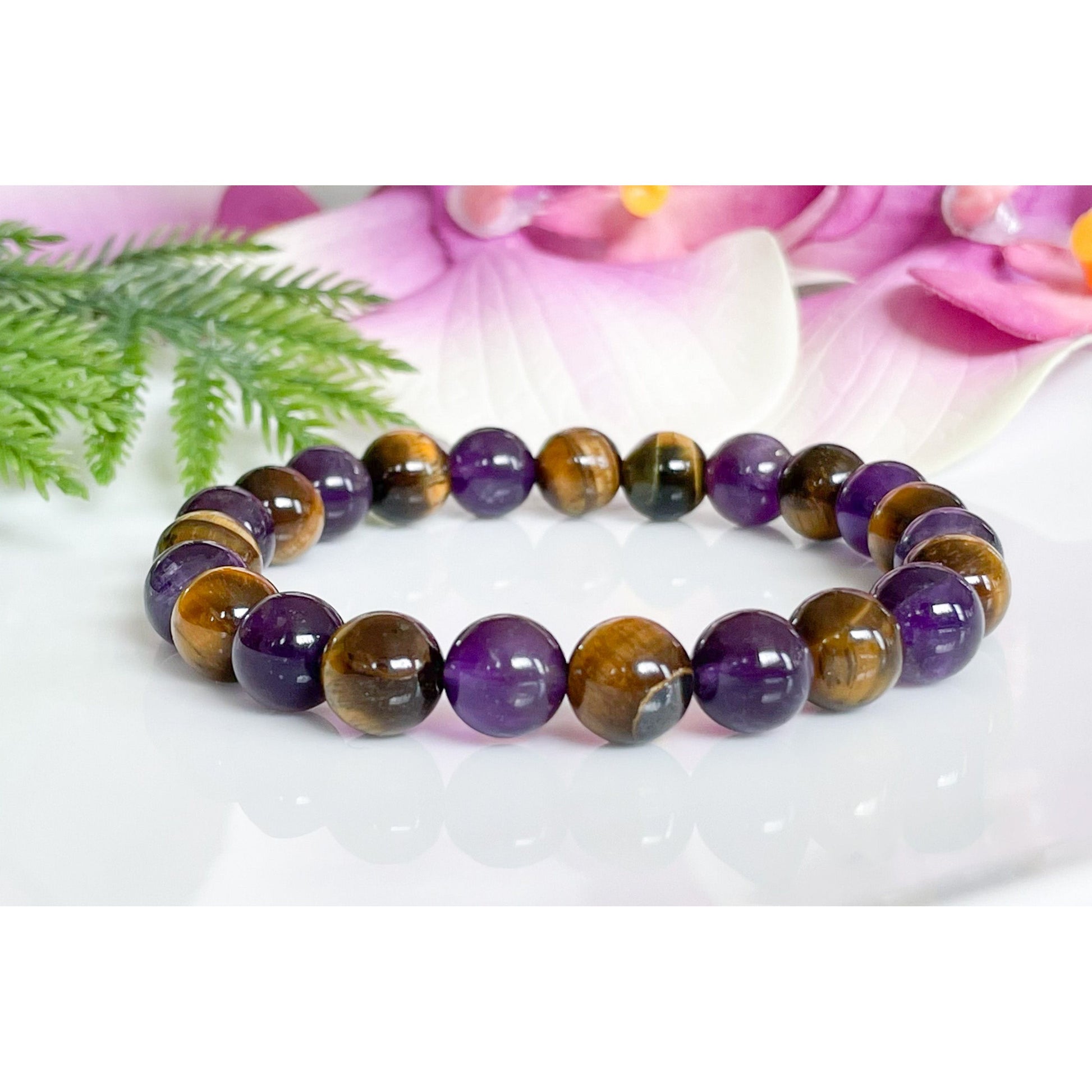 8mm Amethyst and Tigers Eye Crystal Bracelet