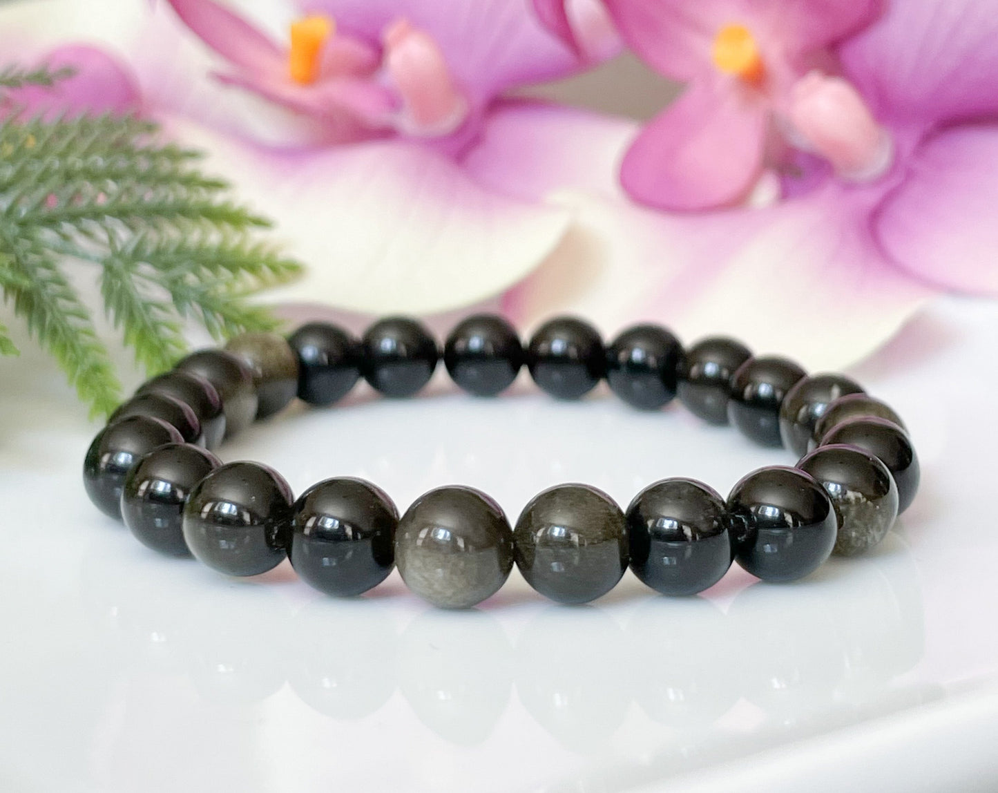 8mm Golden Sheen Black Obsidian Gemstone Bracelet