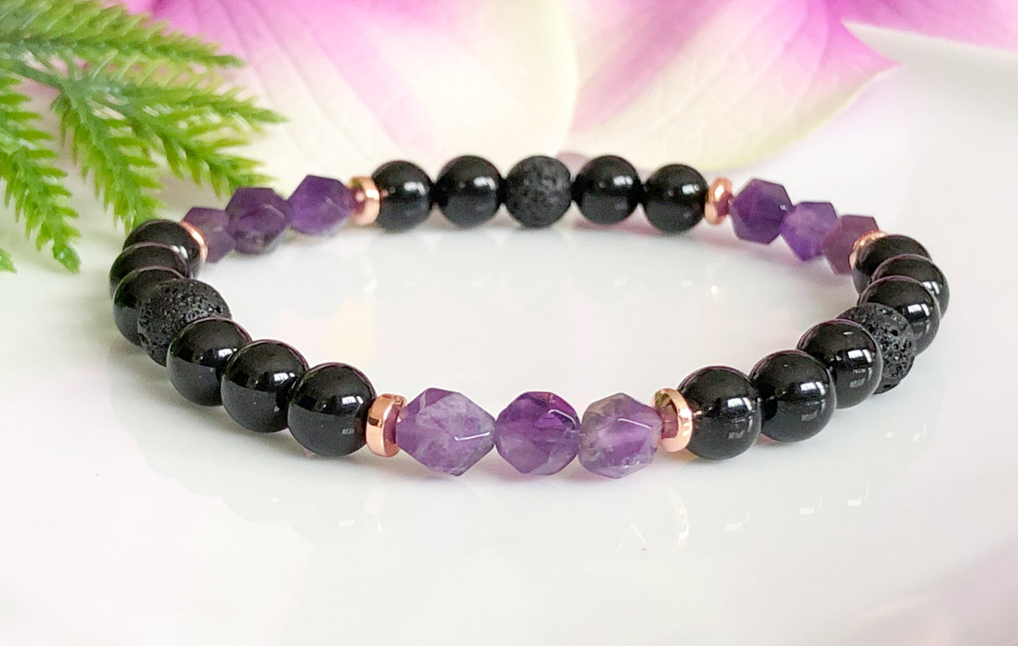 Amethyst and Black Tourmaline Gemstone Bracelet