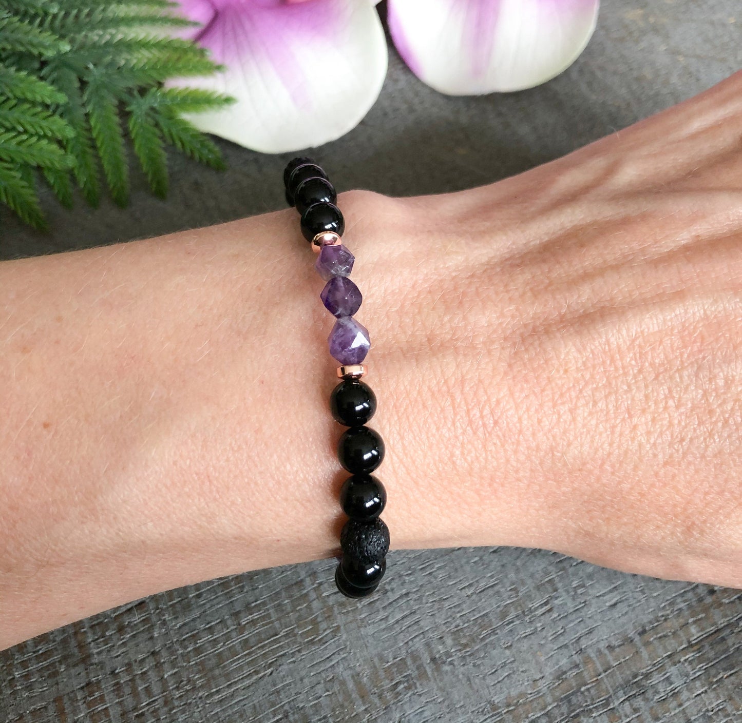 Amethyst and Black Tourmaline Gemstone Bracelet