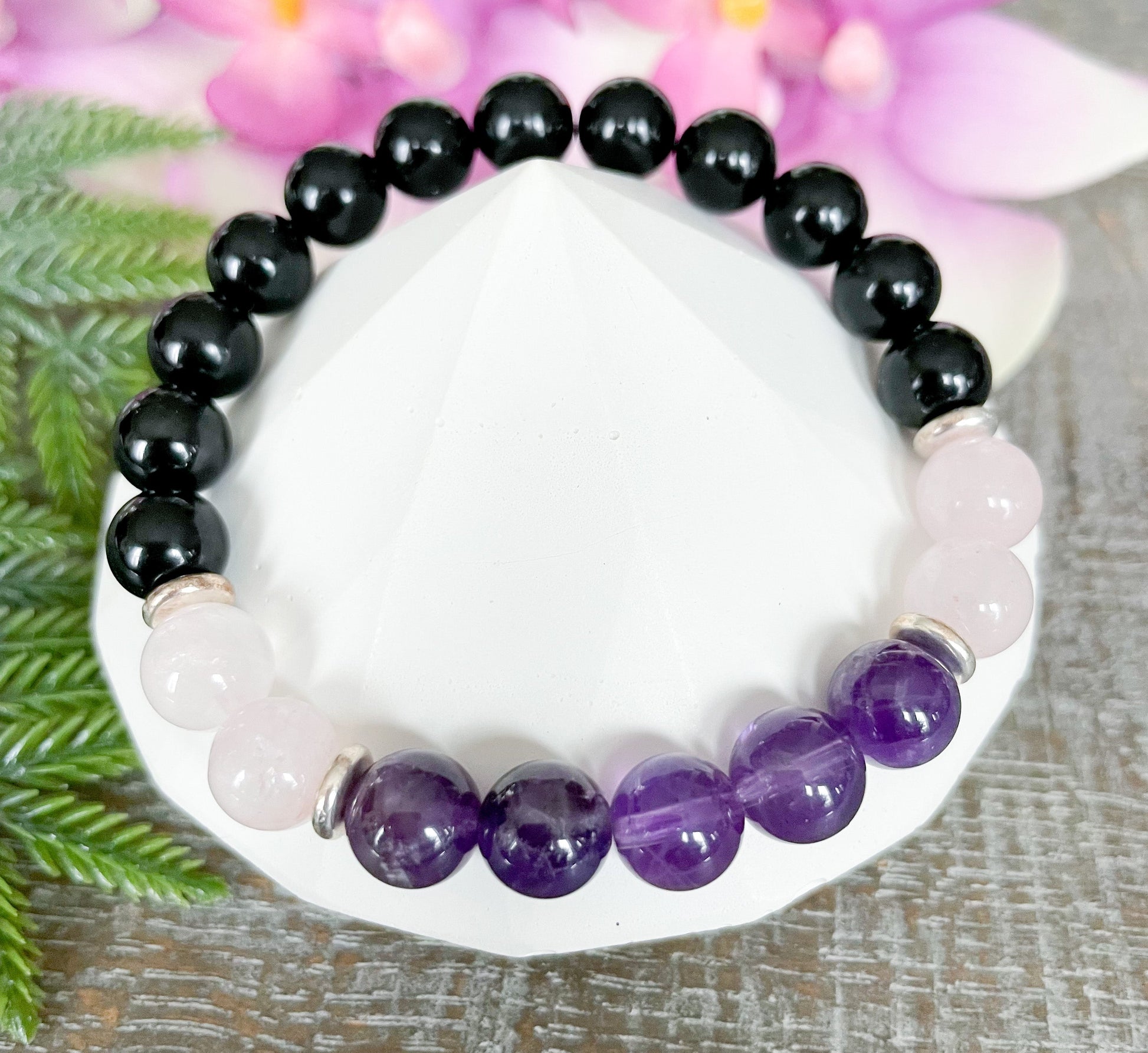 Amethyst, Black Tourmaline and Rose Quartz Crystal Bracelet