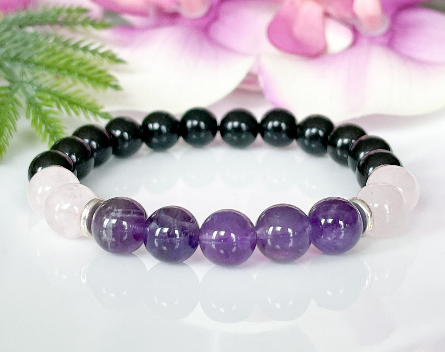 Amethyst, Black Tourmaline and Rose Quartz Crystal Bracelet