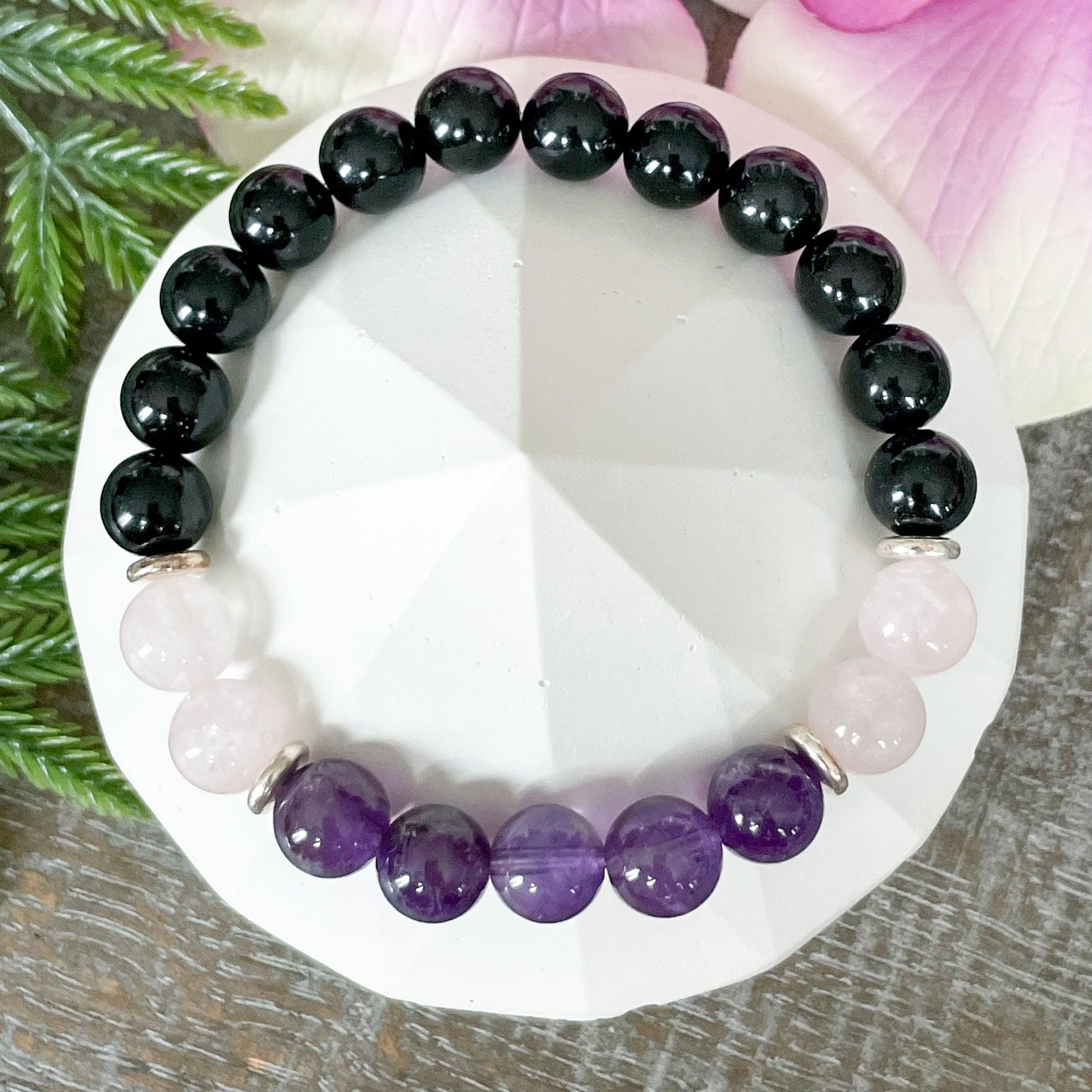 Amethyst, Black Tourmaline and Rose Quartz Crystal Bracelet