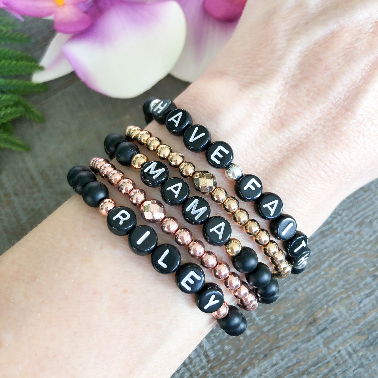 Custom Name or Word Bead Bracelet with Black Onyx