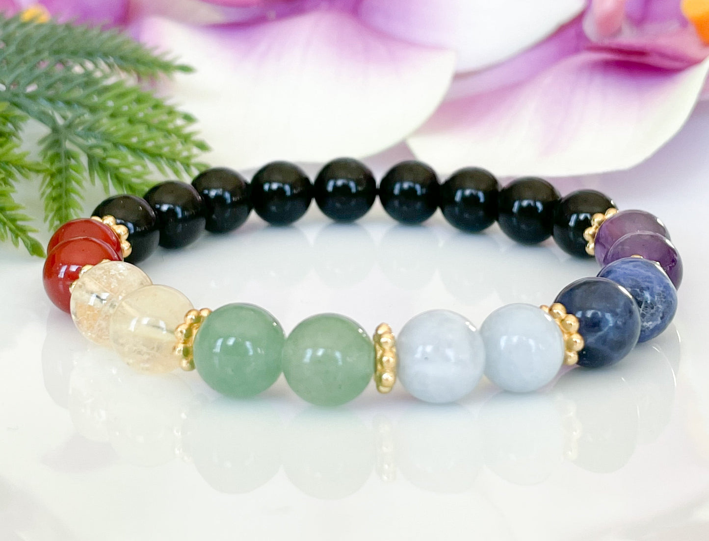 Genuine 7 Chakra Healing Crystals Bracelet with Black Tourmaline