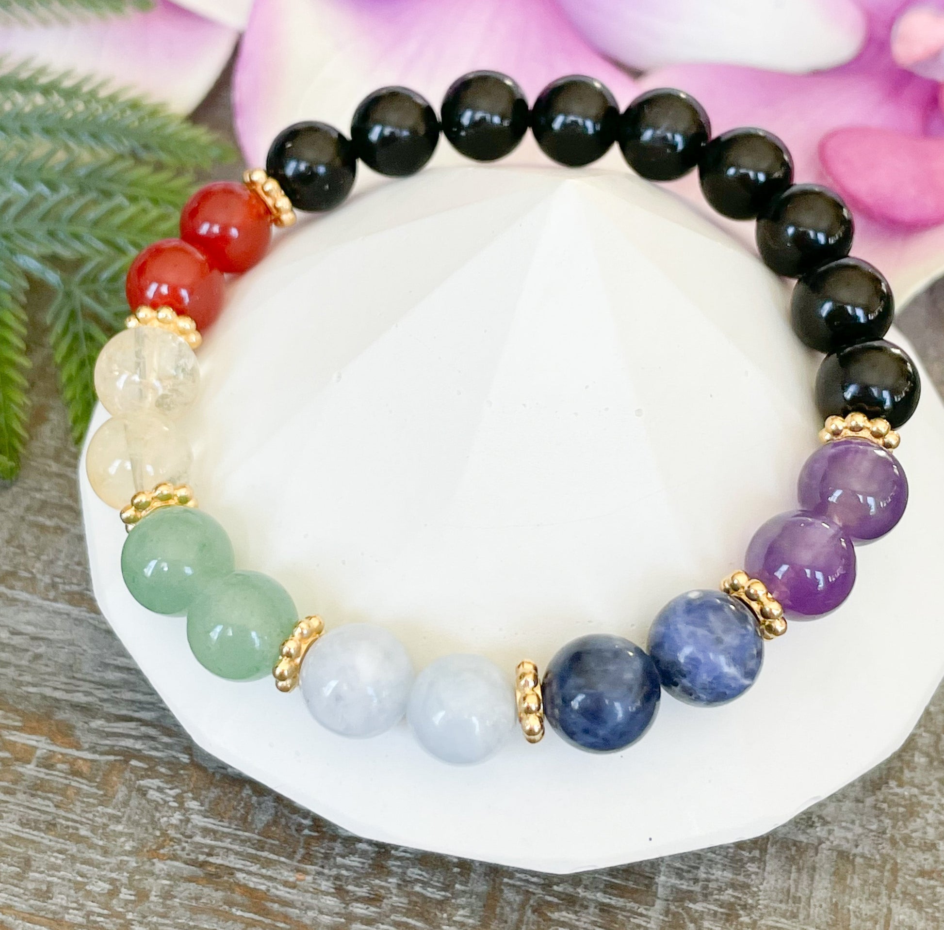 Genuine 7 Chakra Healing Crystals Bracelet with Black Tourmaline