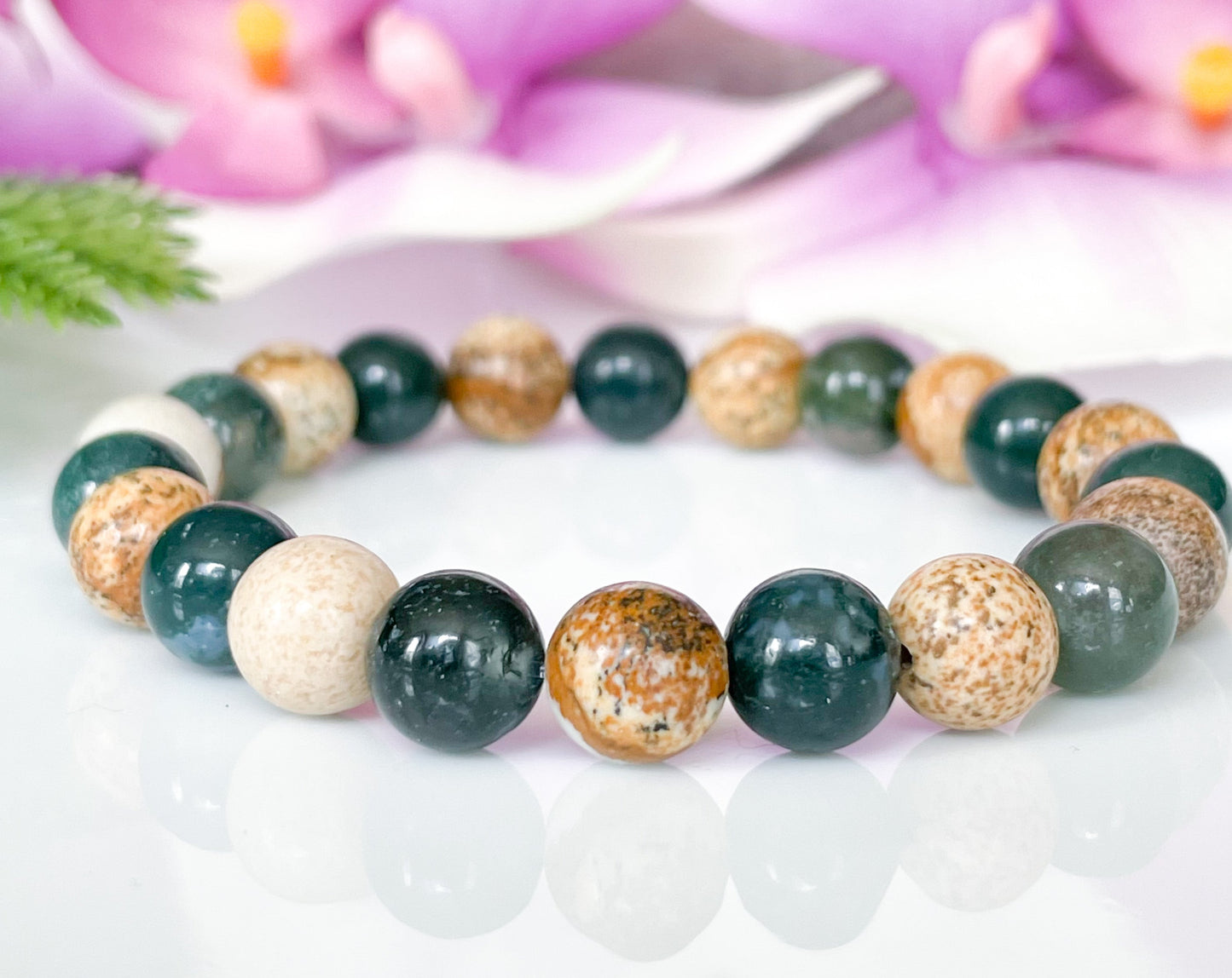 Moss Agate and Jasper Beaded Bracelet