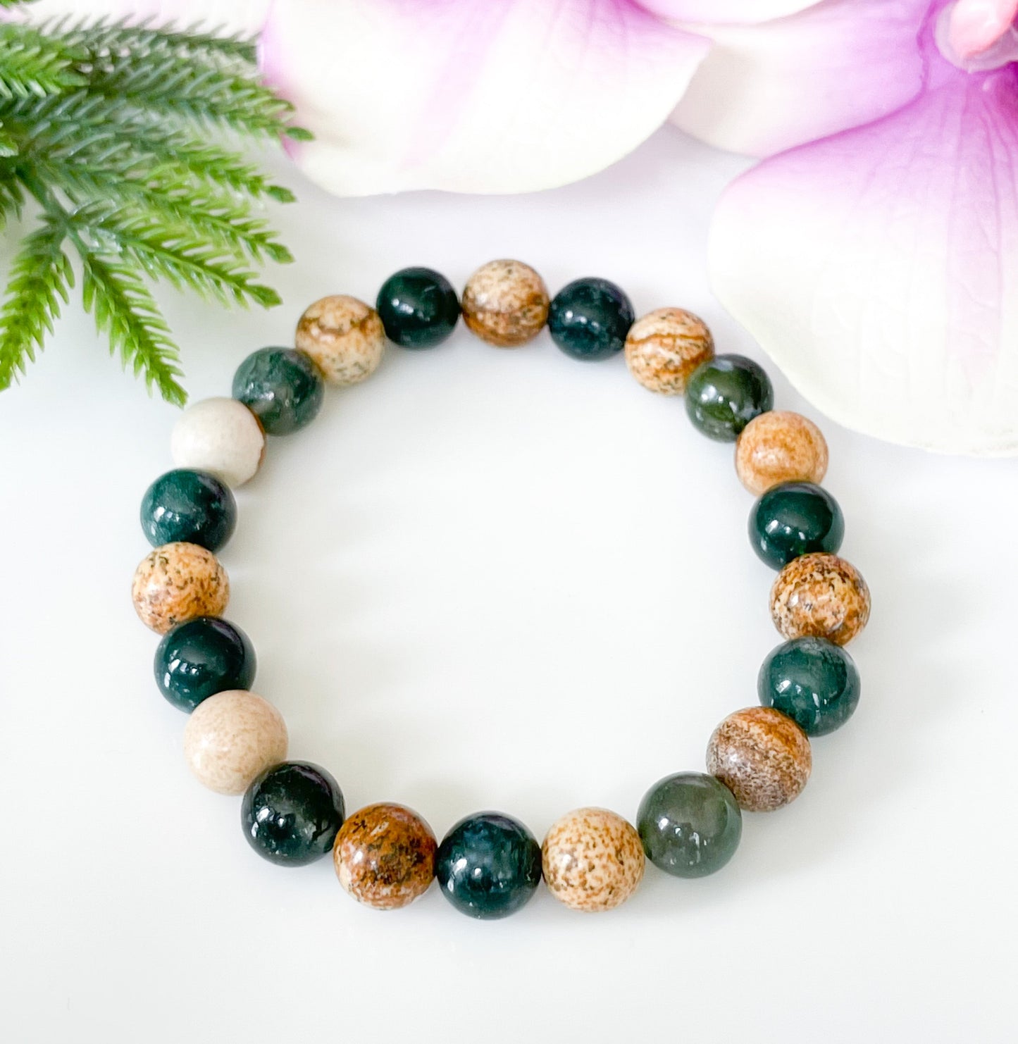 Moss Agate and Jasper Beaded Bracelet