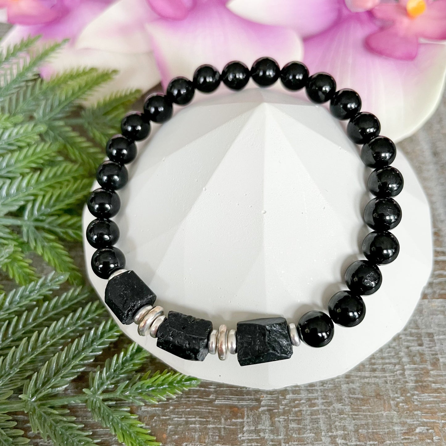 Raw Black Tourmaline Beaded Bracelet