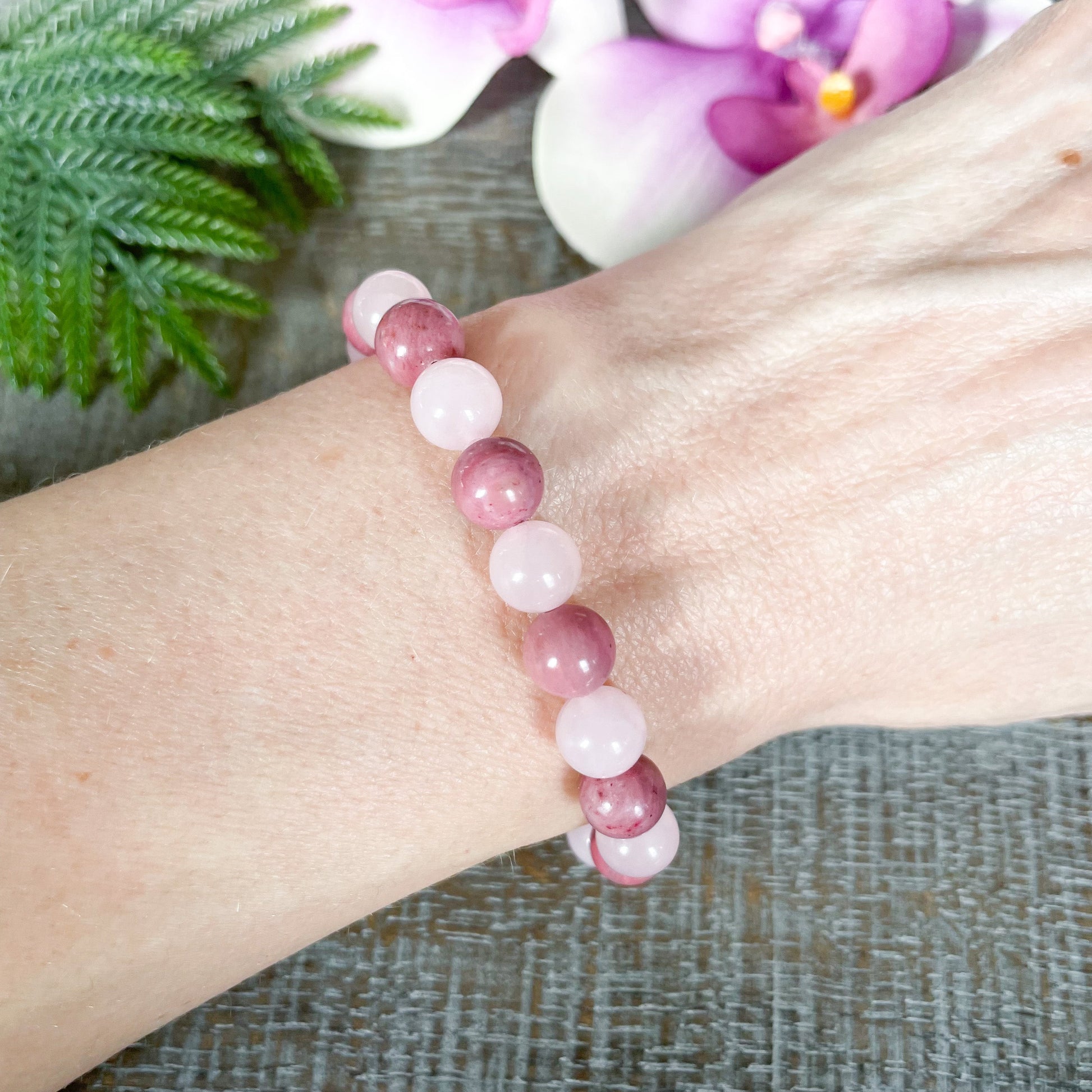 Rose Quartz and Pink Rhodonite Beaded Bracelet